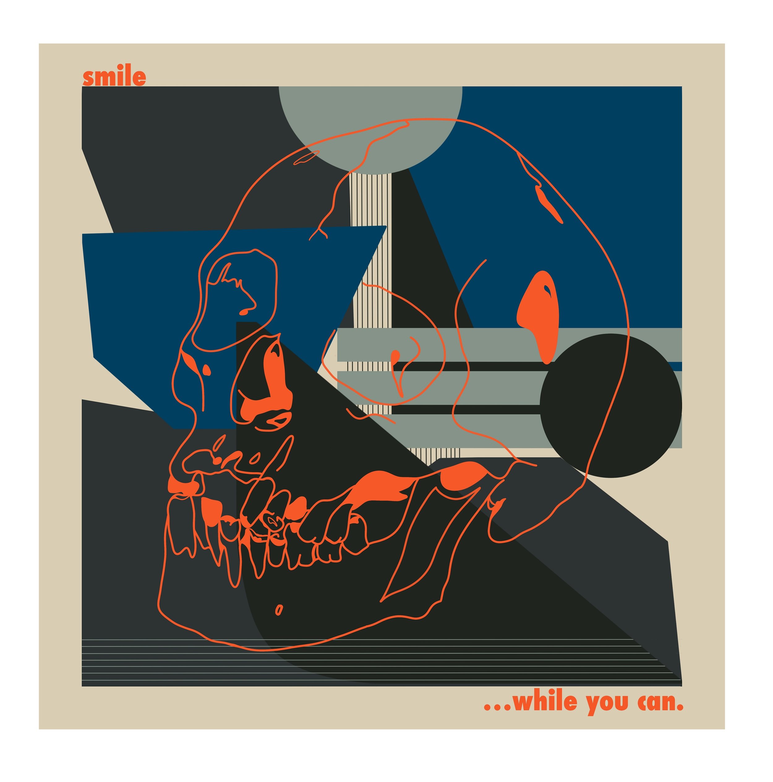 Abstract digital artwork featuring a line drawing of a person's face and hand, with geometric shapes and contrasting colors of beige, black, blue, gray, and orange; includes text "smile" at the top left and "...while you can." at the bottom right.