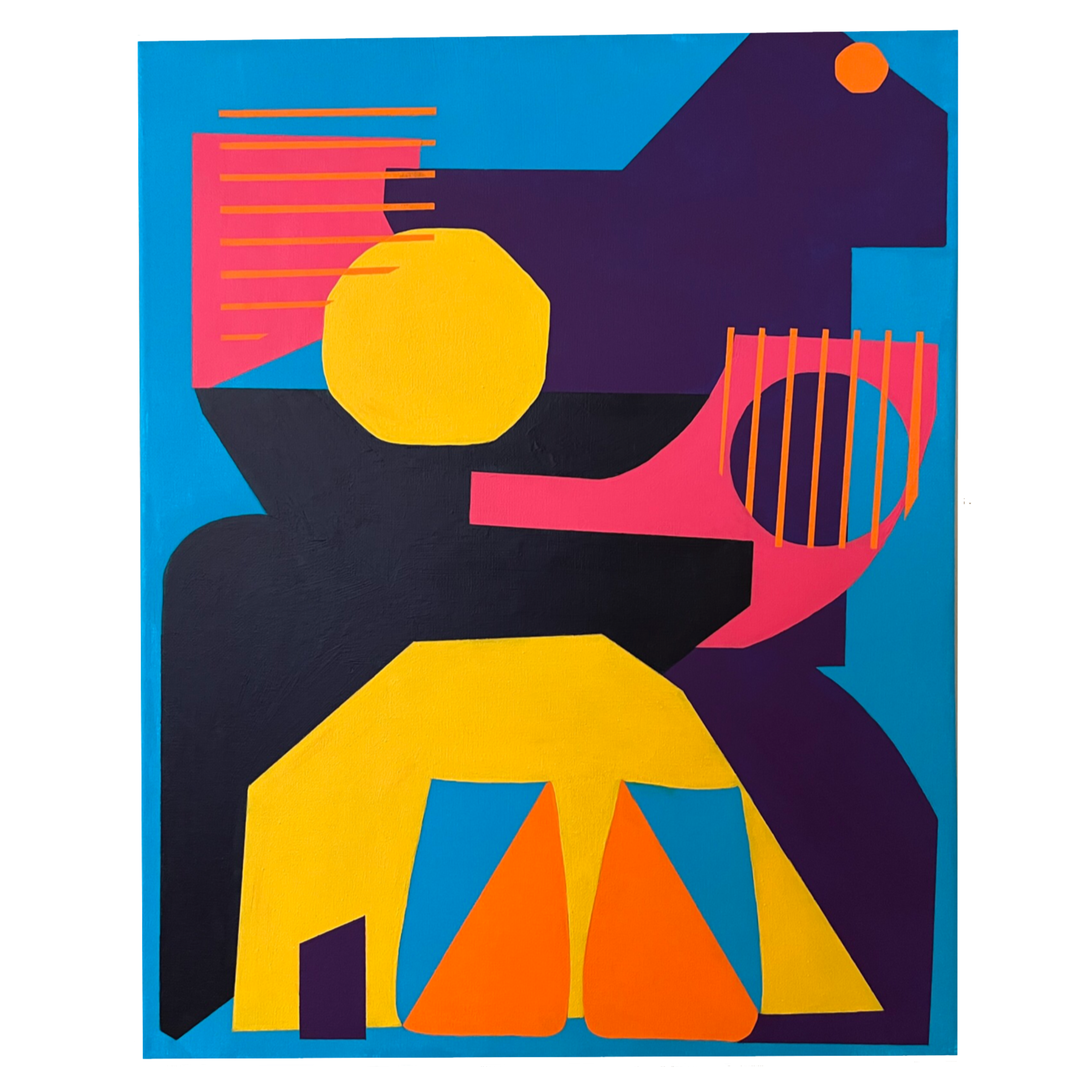 Abstract geometric artwork featuring bold colors and shapes, including yellow circles, pink rectangles, black silhouettes, and blue backgrounds.