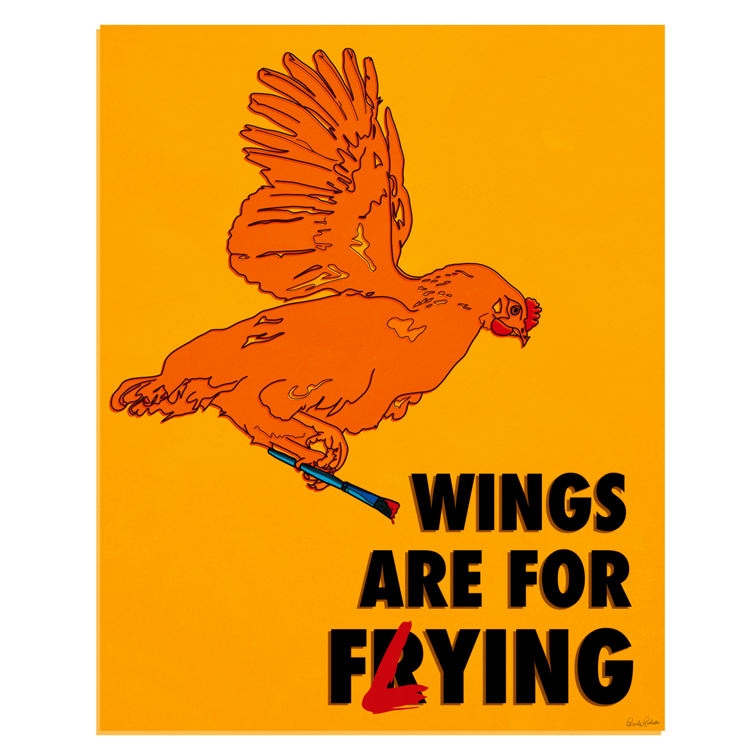 A cartoon illustration of a turkey with a mohawk hairstyle holding a shotgun, against an orange background. The text reads "WINGS ARE FOR FLYING" with the letter "L" replaced by a red hand giving the peace sign.