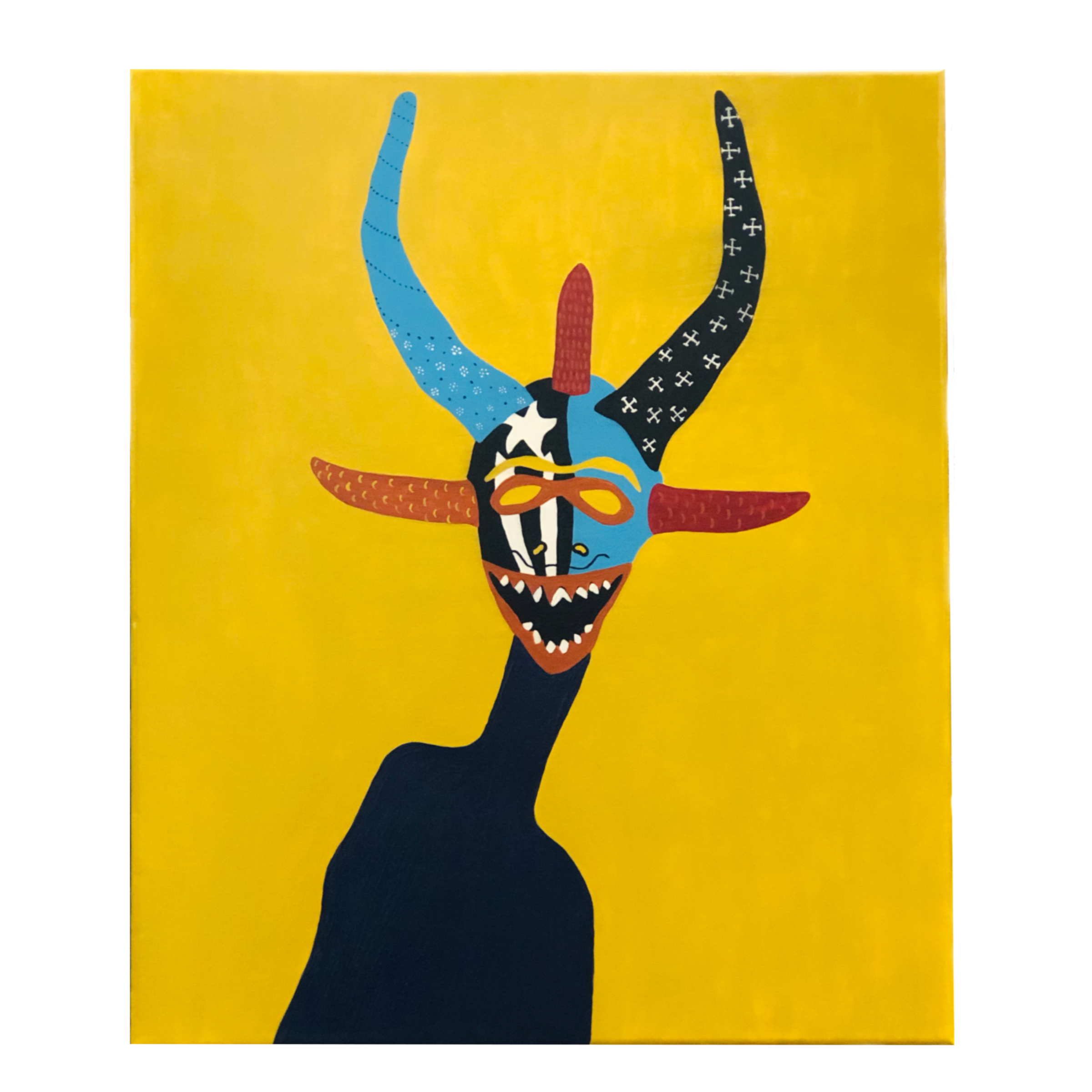 Colorful abstract painting of a goat's head with exaggerated features and horns on a yellow background.