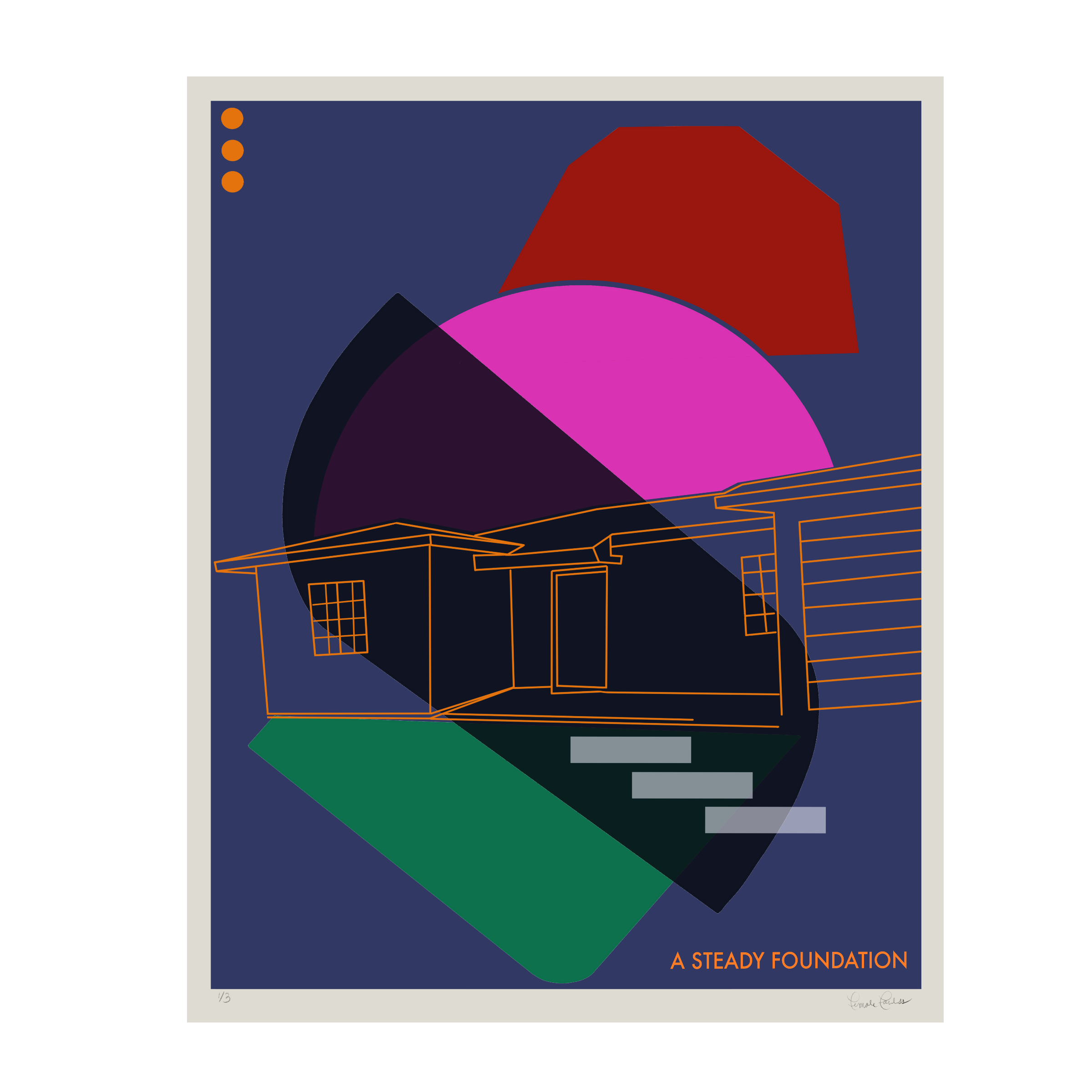 Abstract illustration featuring a house outline in orange lines, geometric shapes, and bold colors including navy blue, pink, red, green, and purple, with the phrase 'A Steady Foundation' in orange at the bottom.