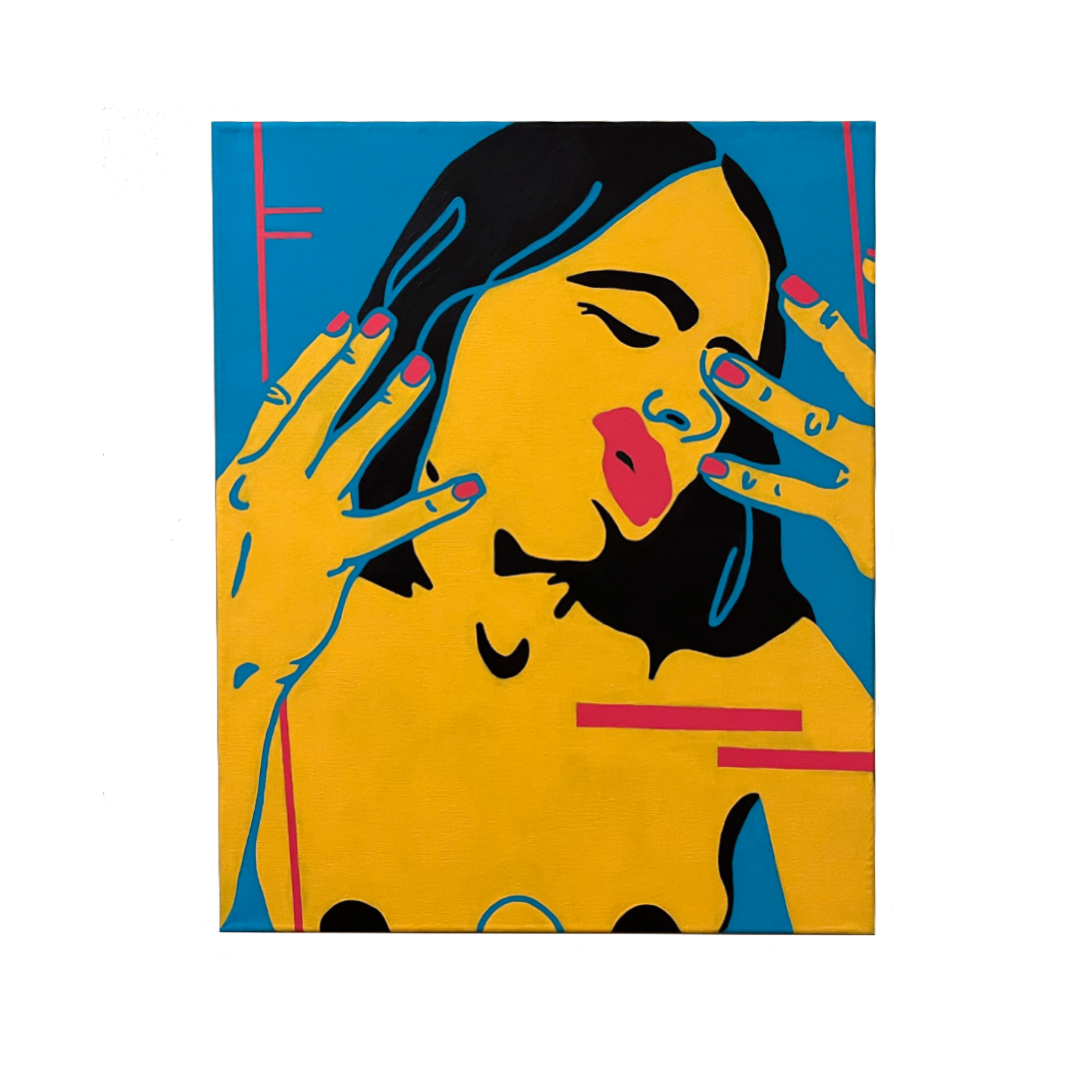 Pop art-style painting of a woman with black hair, yellow skin, pink lips, and pink nails, with her eyes closed and hands near her face.