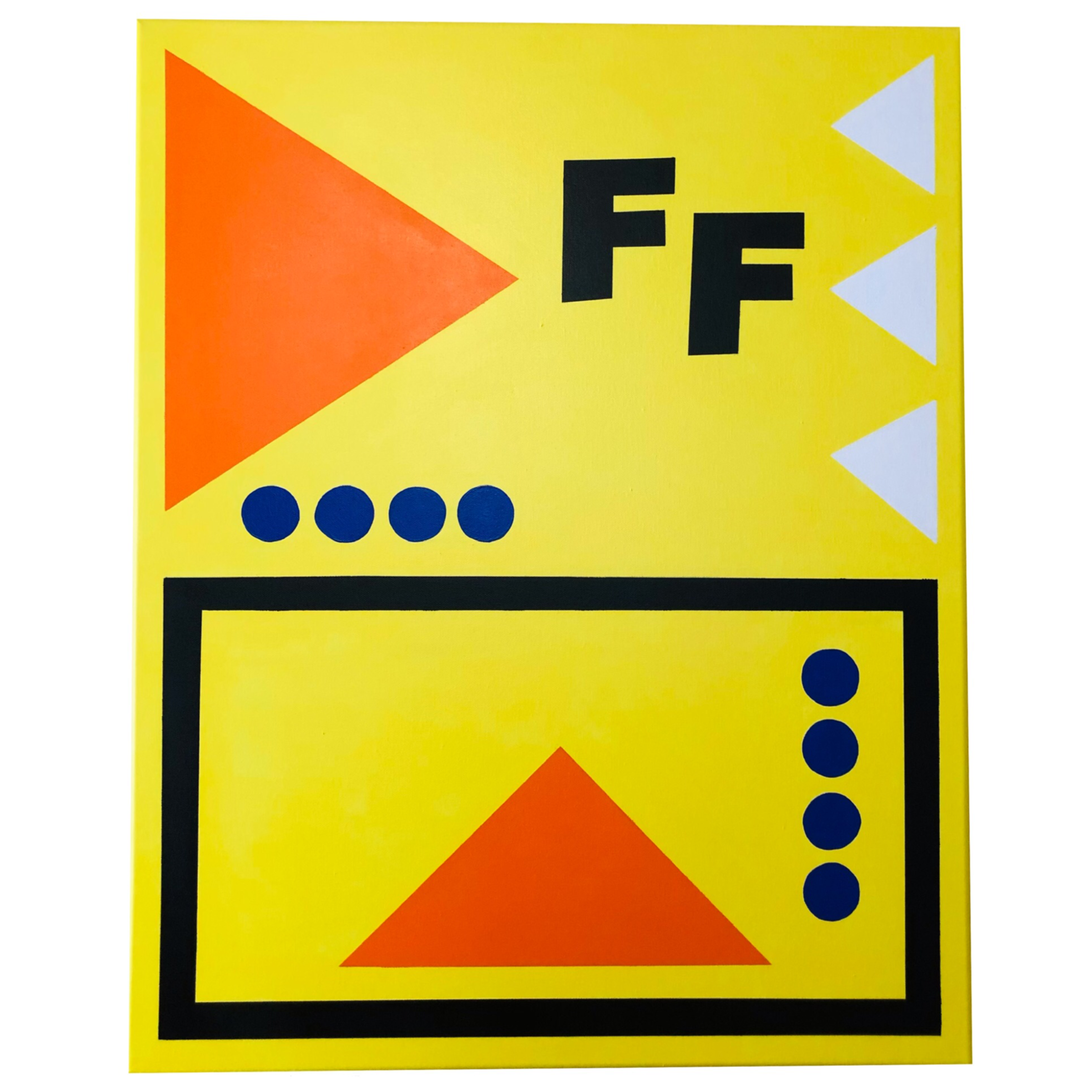 Abstract geometric artwork with yellow background, featuring a large orange triangle, the letter F repeated twice in black, white triangles, black rectangular outline, and blue circles.