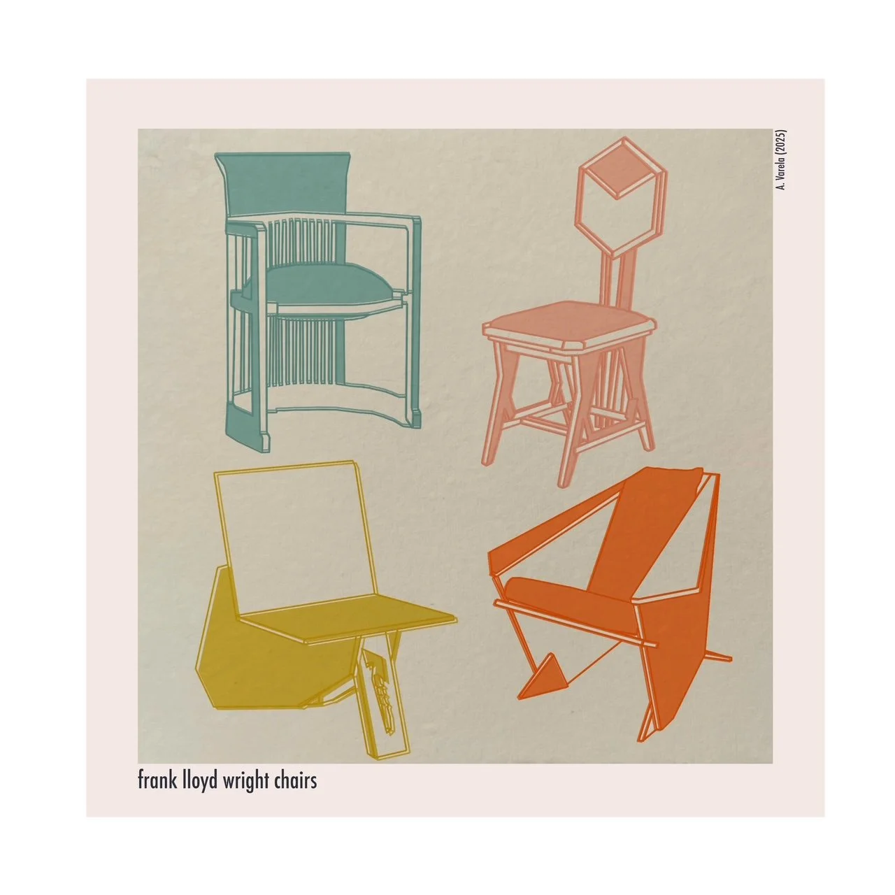 Illustration of four different styles of chairs designed by Frank Lloyd Wright, each in a different color.