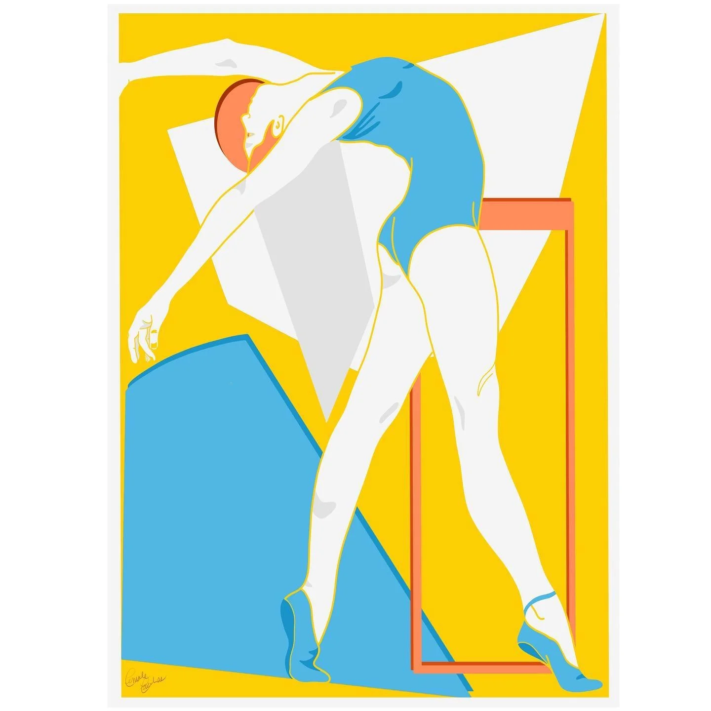 Abstract digital artwork of a female ballet dancer with blue hair, dancing on a yellow background with geometric shapes.