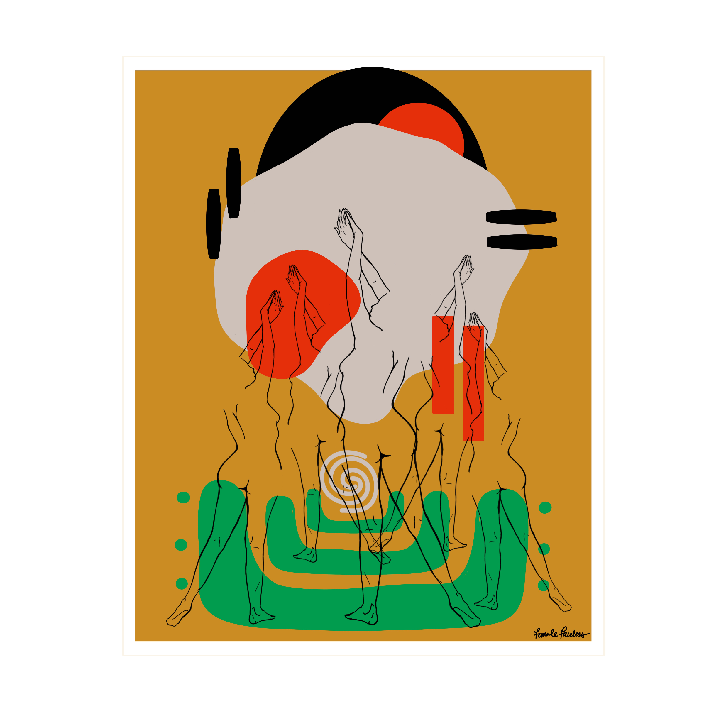 Abstract digital artwork featuring multiple layered images of women with raised arms, colorful shapes, and bold lines on a brown background.