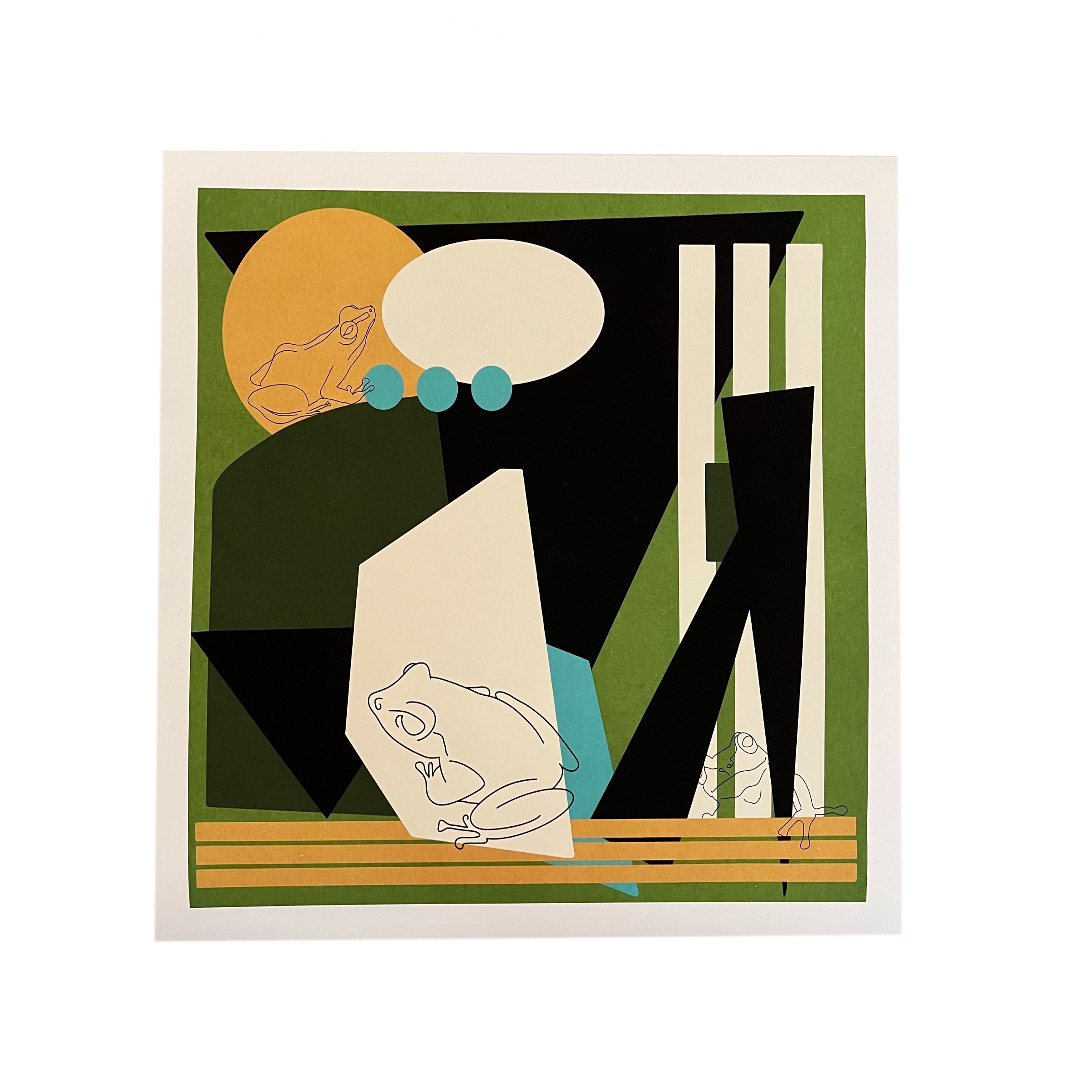 Abstract artwork featuring geometric shapes, frog outlines, and a color palette of green, black, white, orange, and blue.