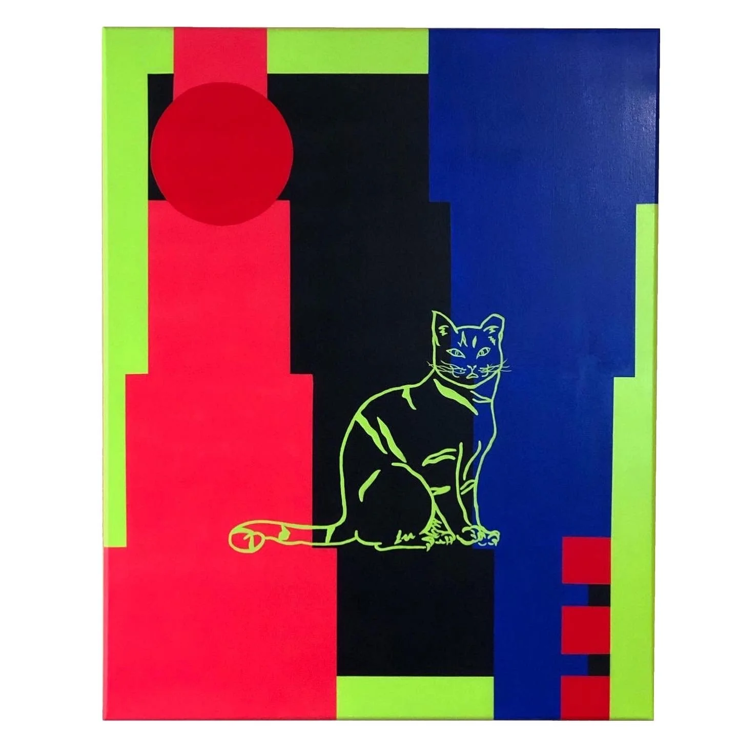 Abstract digital artwork featuring bright red, blue, black, and neon green geometric shapes with an outline of a sitting cat.