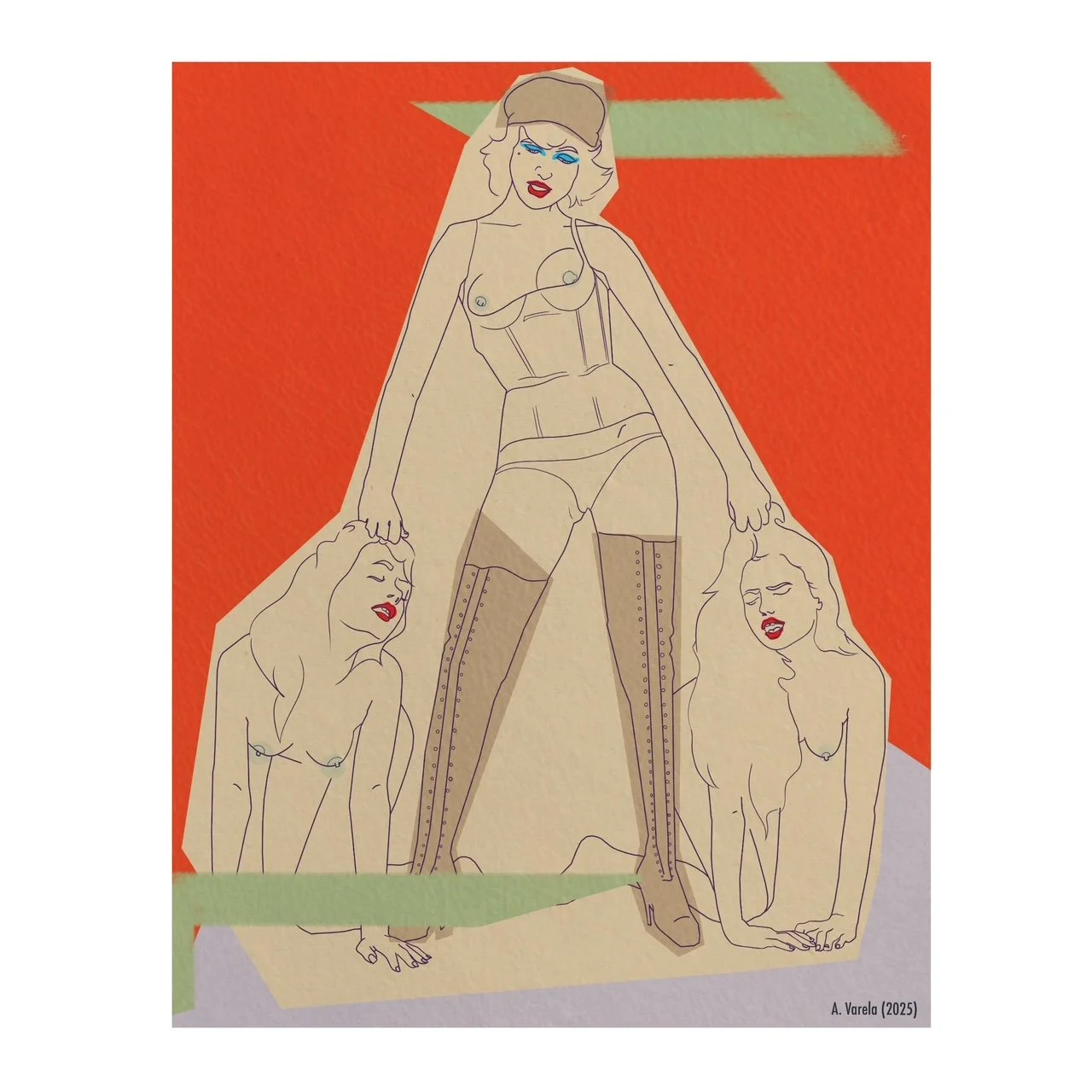 Line art illustration of a woman in boots, holding two women on the ground, with an orange and beige abstract background. Artist: A. Varela, 2025.
