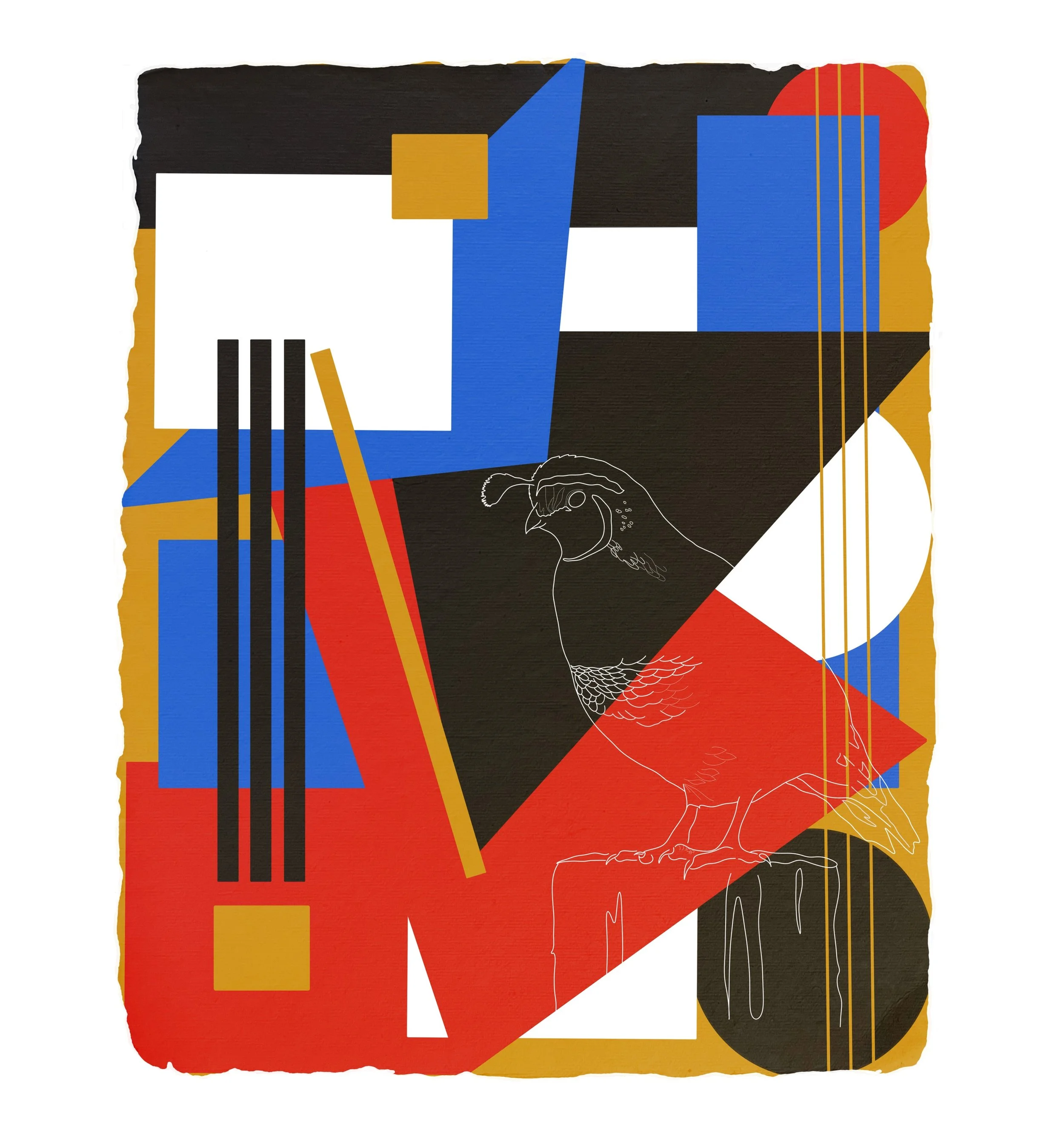 An abstract artwork featuring geometric shapes in black, white, red, blue, and yellow, with a white outline of a bird in the center.