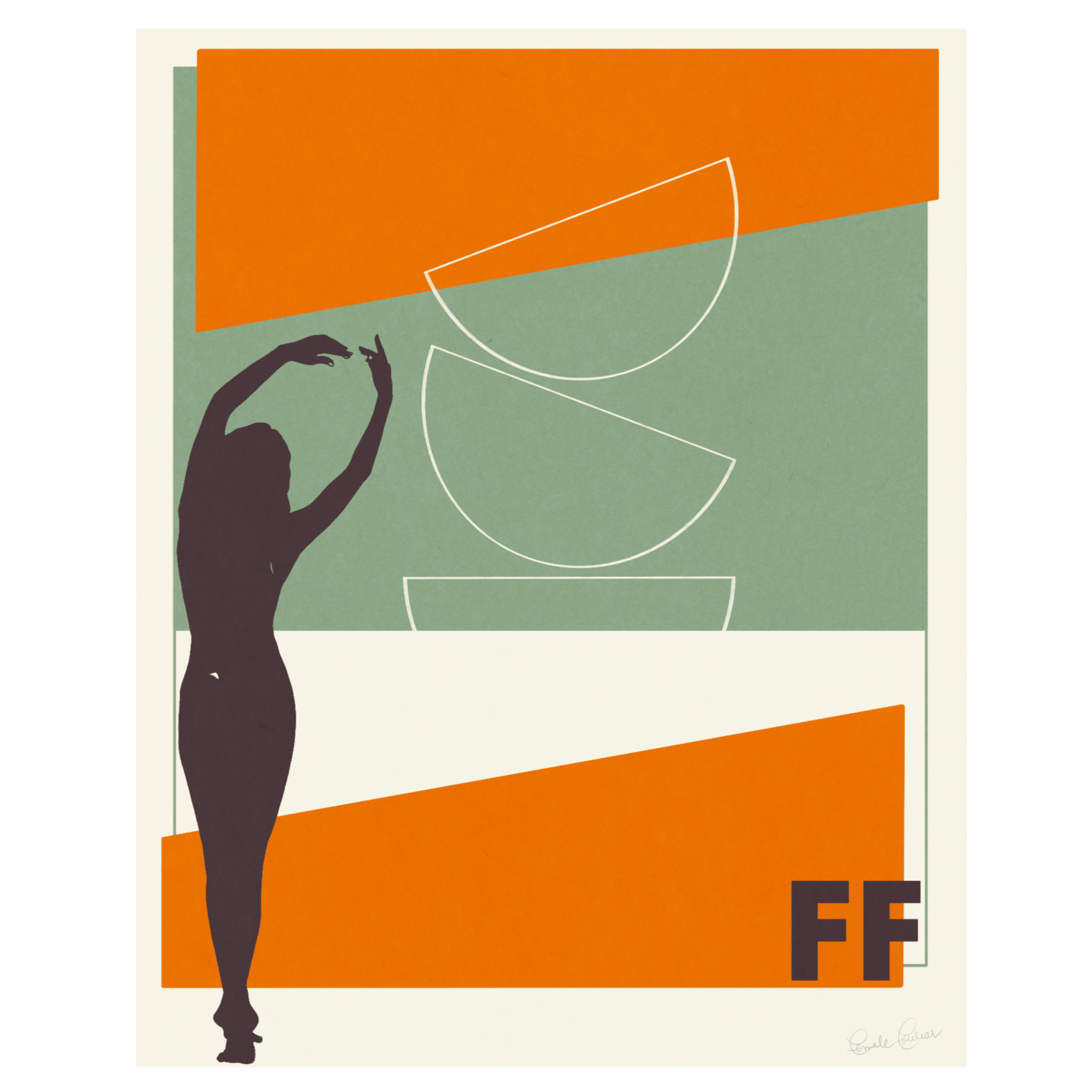 Abstract artwork featuring a silhouette of a woman with her arms raised, colorful geometric shapes, and the initials 'FF' in the bottom right corner.