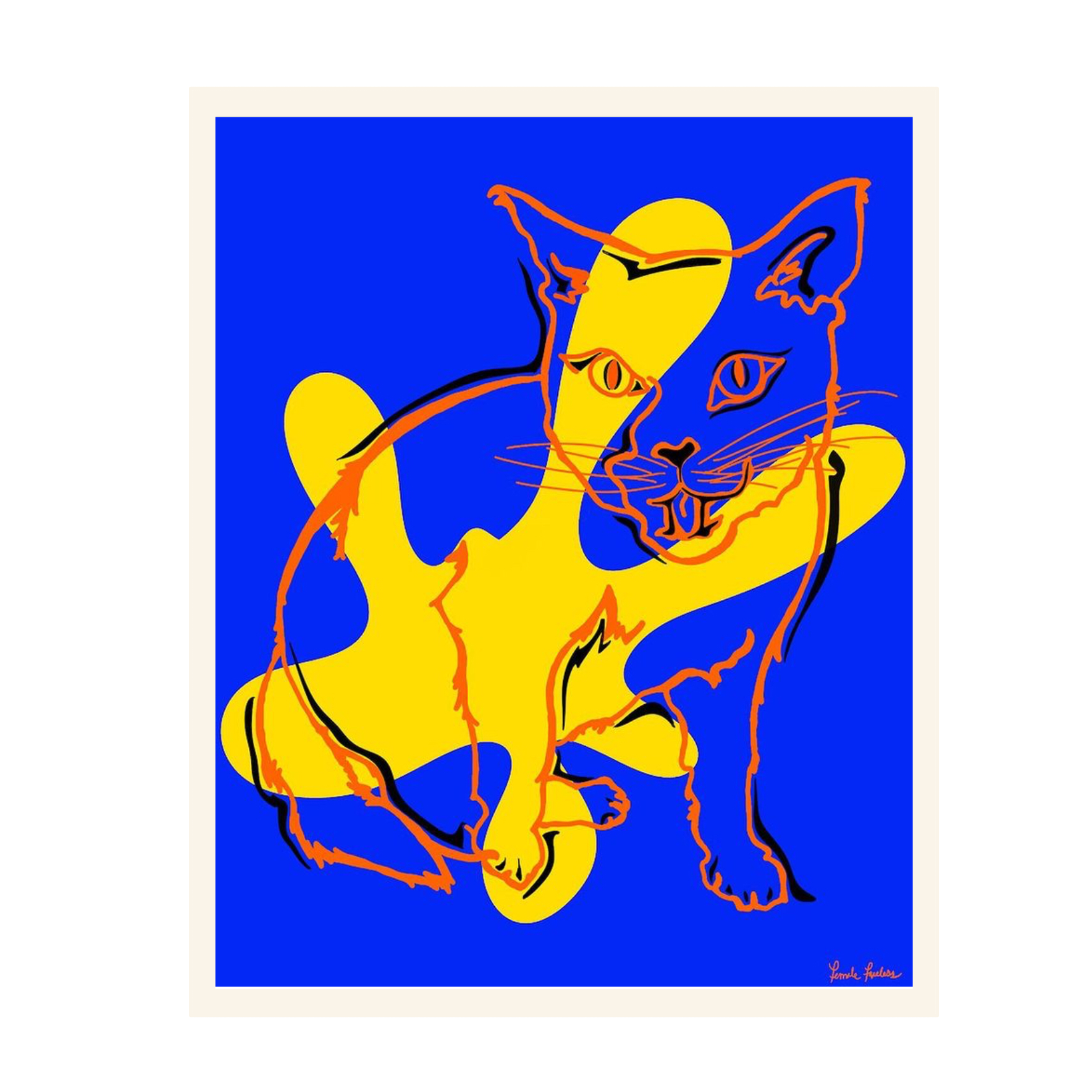 Abstract digital artwork of a cat with blue, yellow, and orange colors against a blue background.