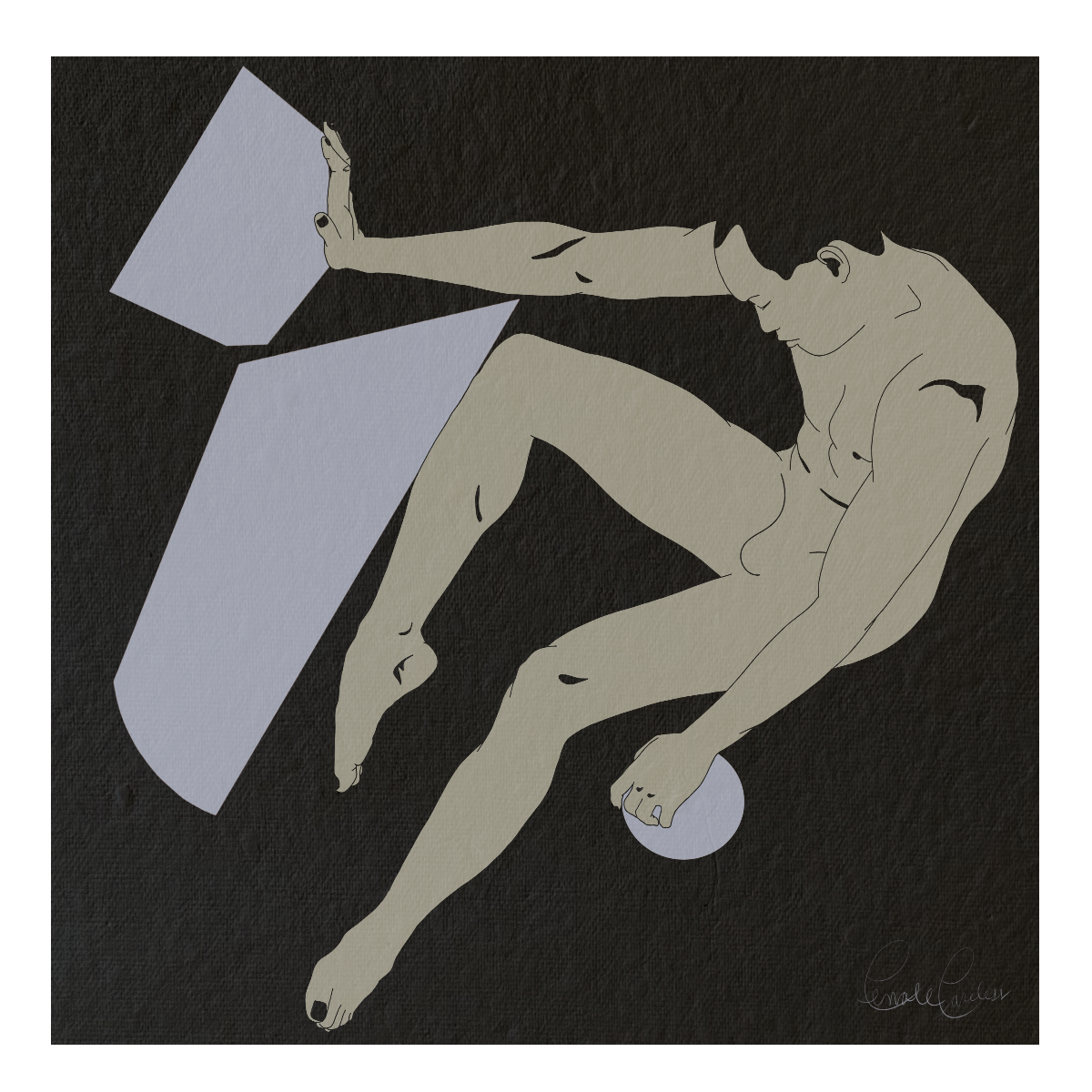 Minimalist illustration of a nude man with glasses, sitting with legs crossed, holding a small sphere, with a computer monitor in front of him against a dark background.