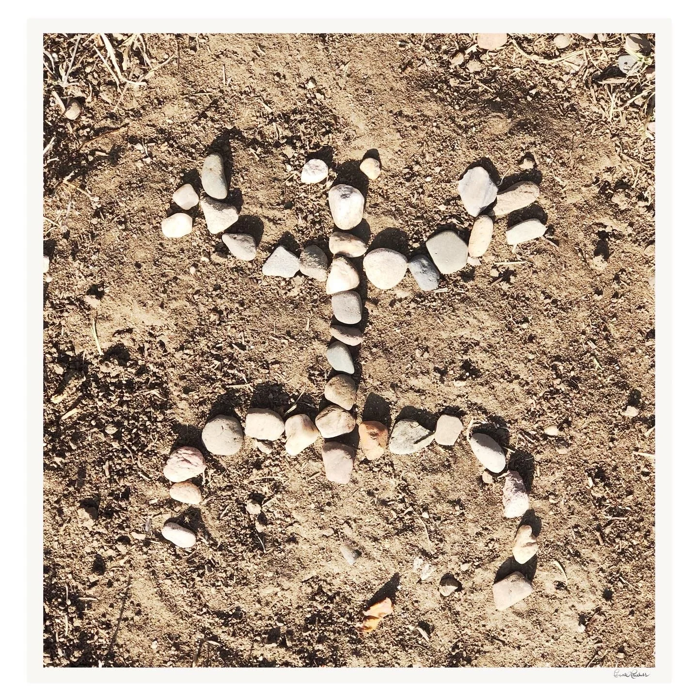 Peace symbol made with small white rocks on dirt ground.