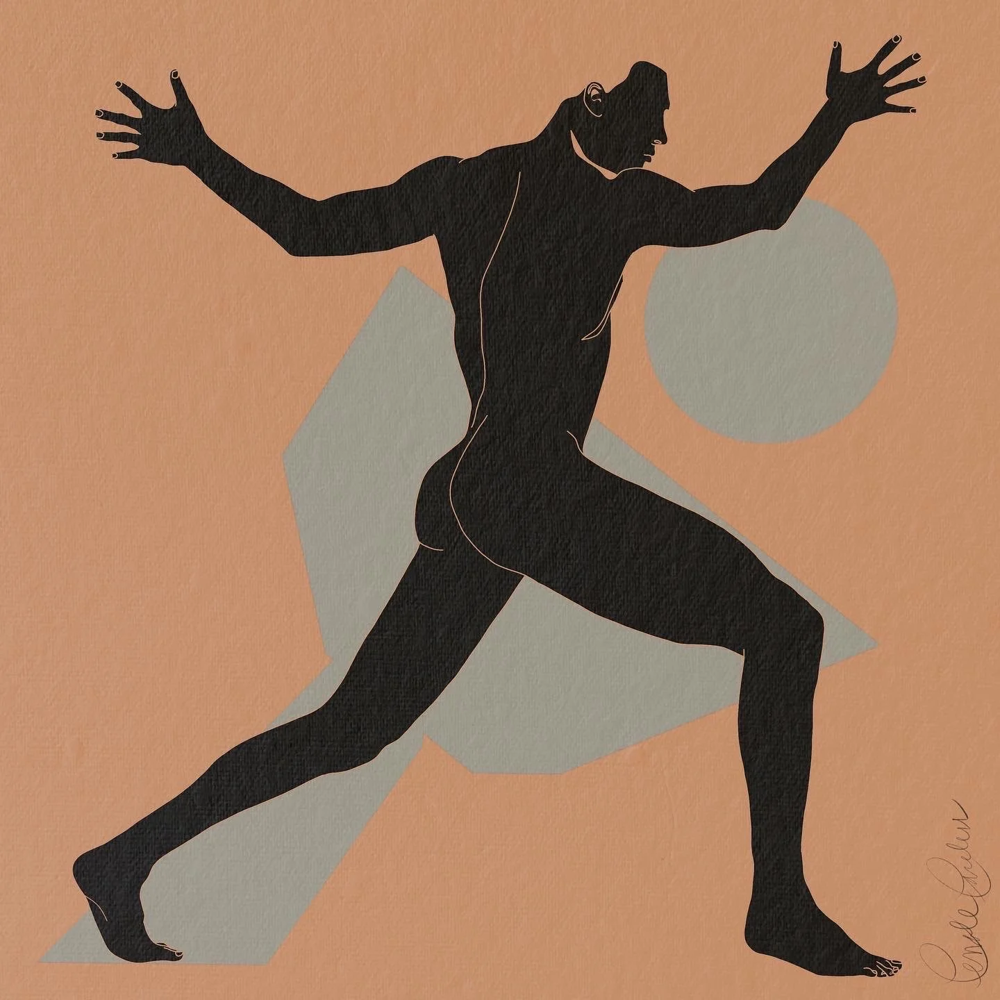 Silhouette of a person in a dynamic pose, with arms and legs extended, on a beige background with geometric shapes of circles and triangles.