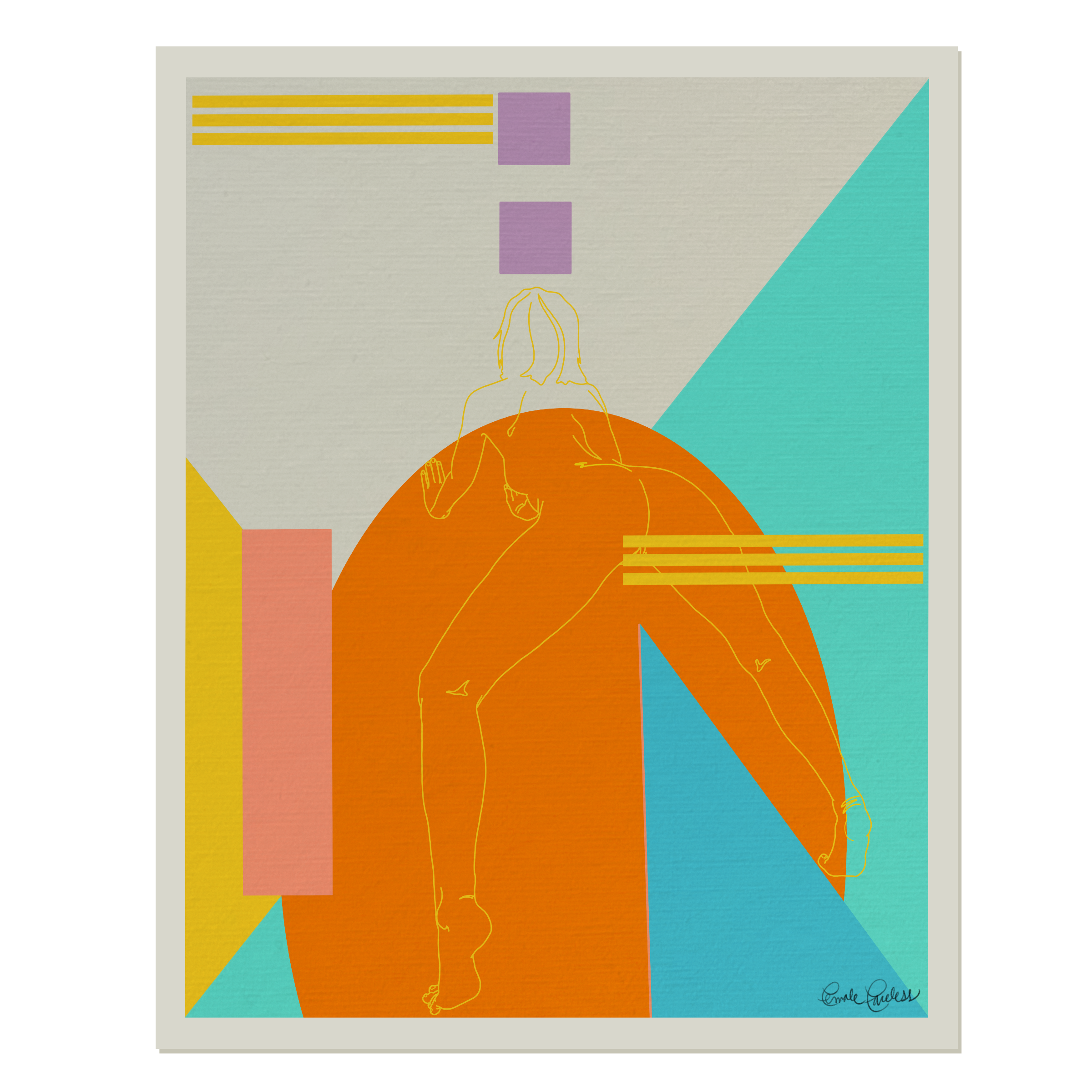 Abstract digital artwork depicting a woman outlined in orange, in a dynamic pose, against geometric background shapes in pastel colors like yellow, purple, turquoise, and pink.