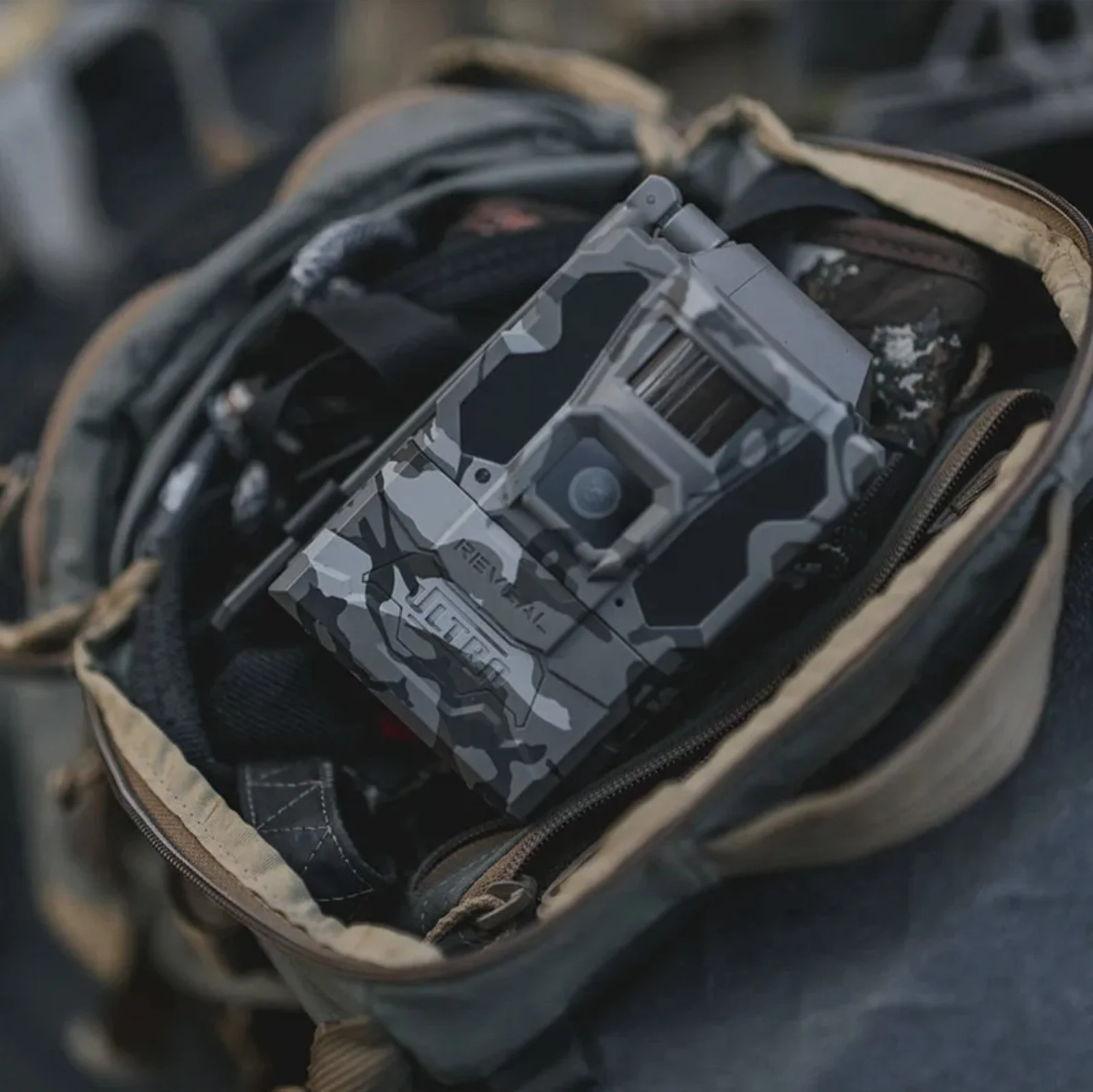 Tactacam Reveal cellular trail camera packed in a gear bag
