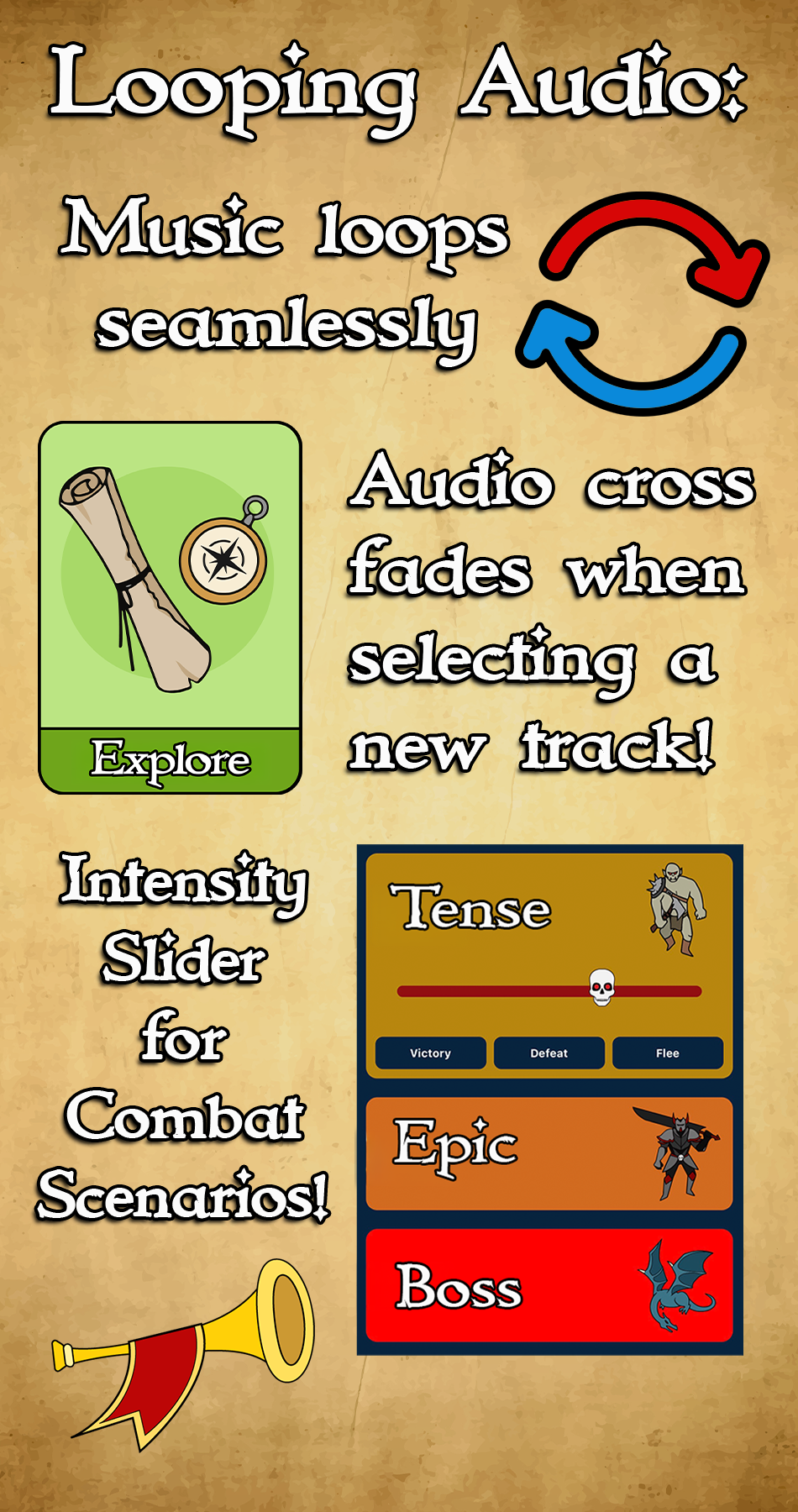 An infographic explaining looping audio with music and sound effects. It includes a section about music loops fading seamlessly, an explore button with a scroll and compass icon, and a section about an intensity slider for combat scenarios with three options: Tense, Epic, and Boss, each represented by different monsters.