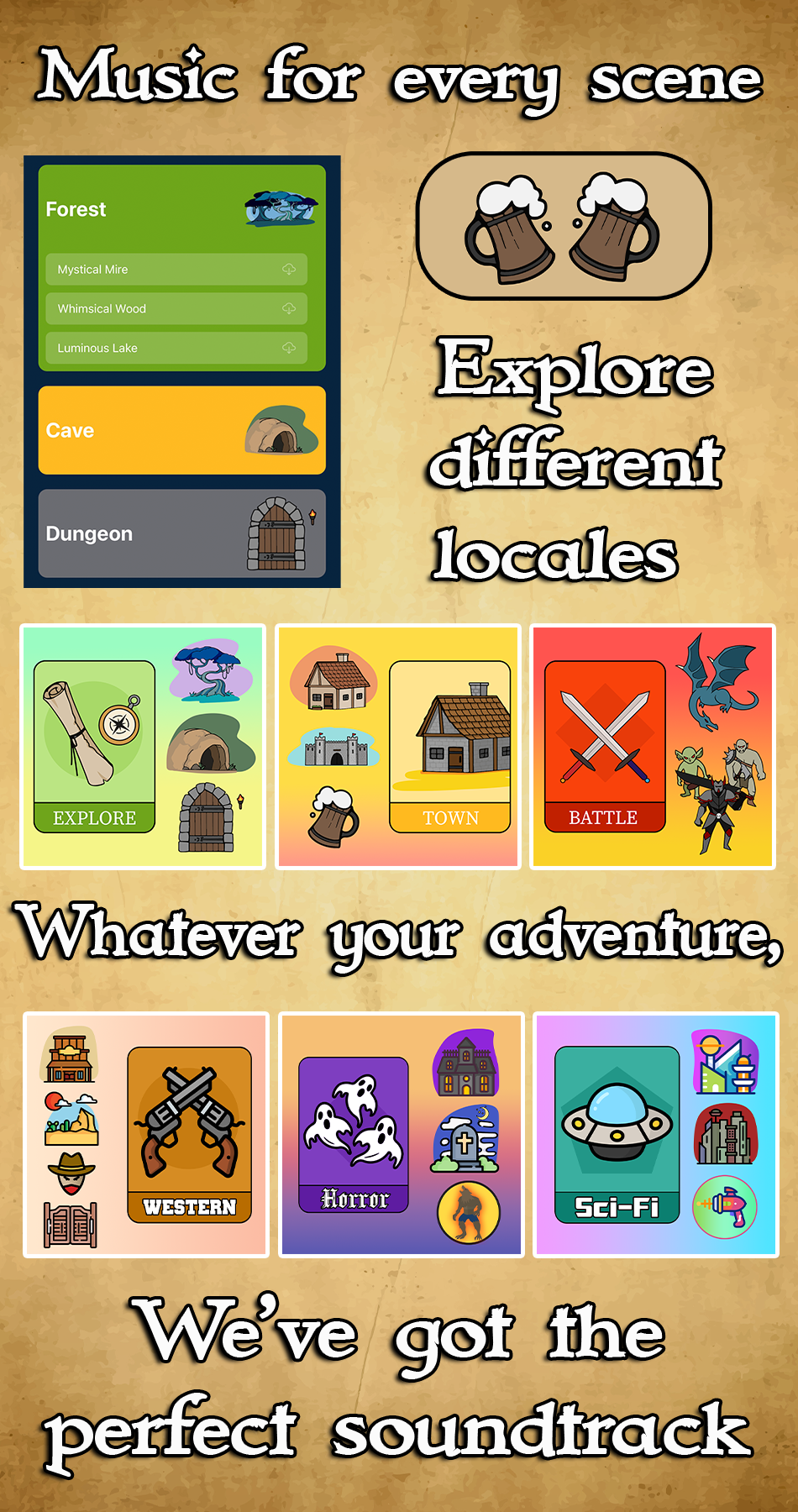 A colorful promotional image for a music soundtrack featuring different local themes: explore with a scroll and cave, town with houses and a mug, battle with swords and dragons, horror with ghostly figures and haunted house, and sci-fi with a spaceship and cityscapes. The background has a textured beige tone and the text says 'Music for every scene,' 'Explore different locales,' and 'We've got the perfect soundtrack.'