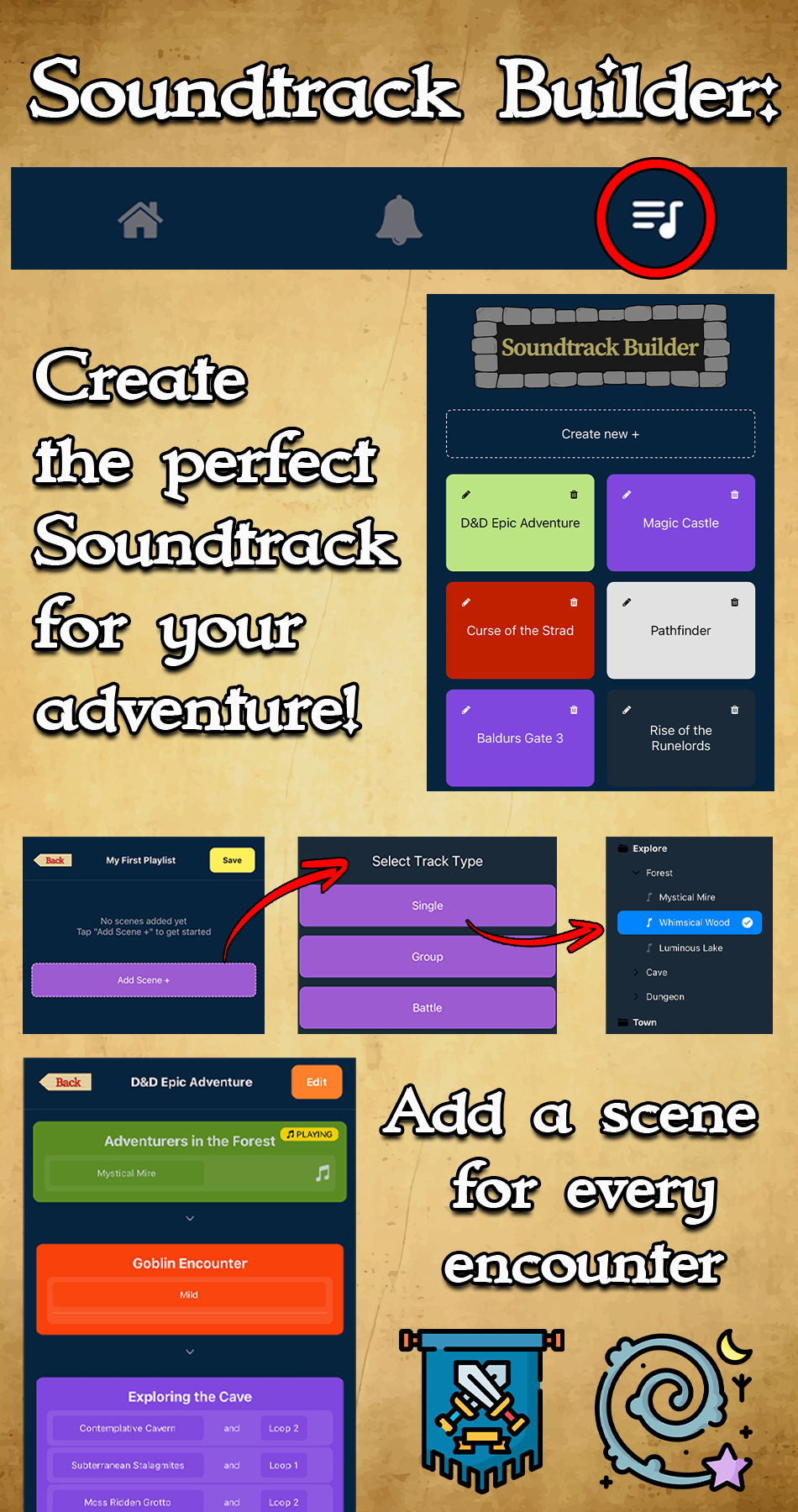 Screenshot of a mobile app called Soundtrack Builder with options to create and add scenes to a playlist for a fantasy adventure, featuring track types and scene details.
