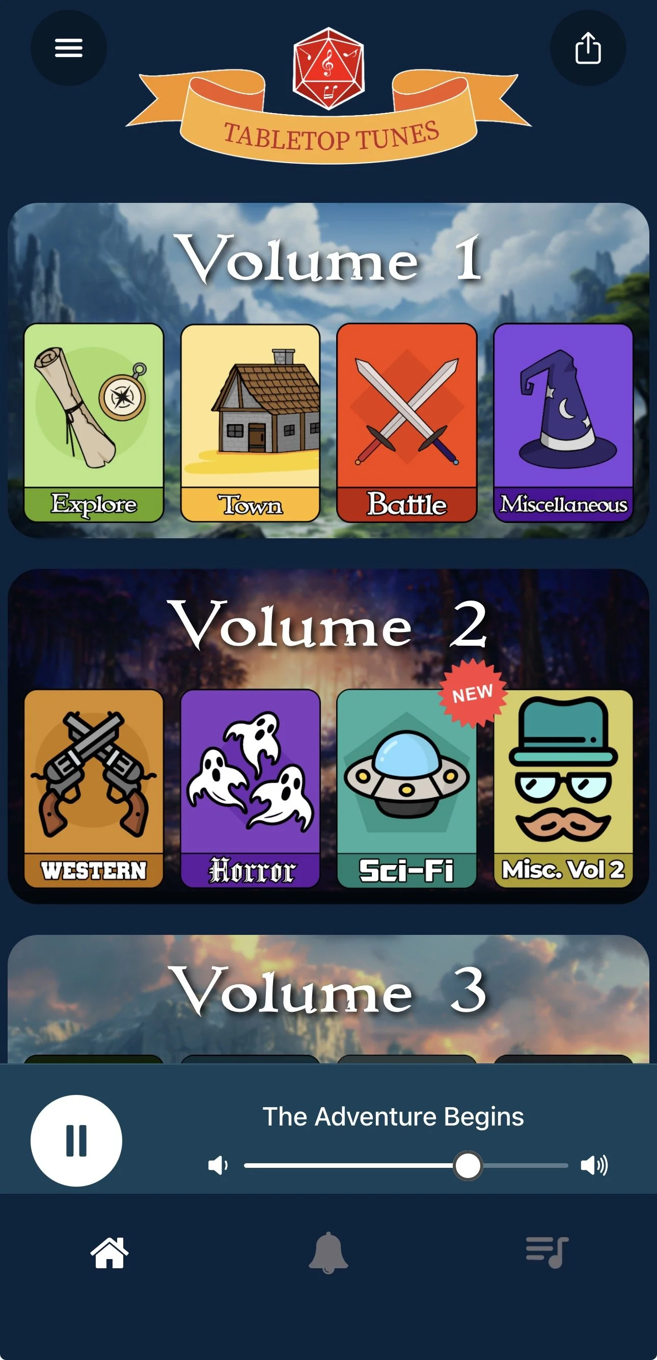 Screenshot of a mobile app menu for a game called Tabletop Tunes, featuring playlists called Volume 1, Volume 2, and Volume 3 with genre options like Explore, Town, Battle, Miscellaneous, Western, Horror, Sci-Fi, and Miscellaneous Vol 2.