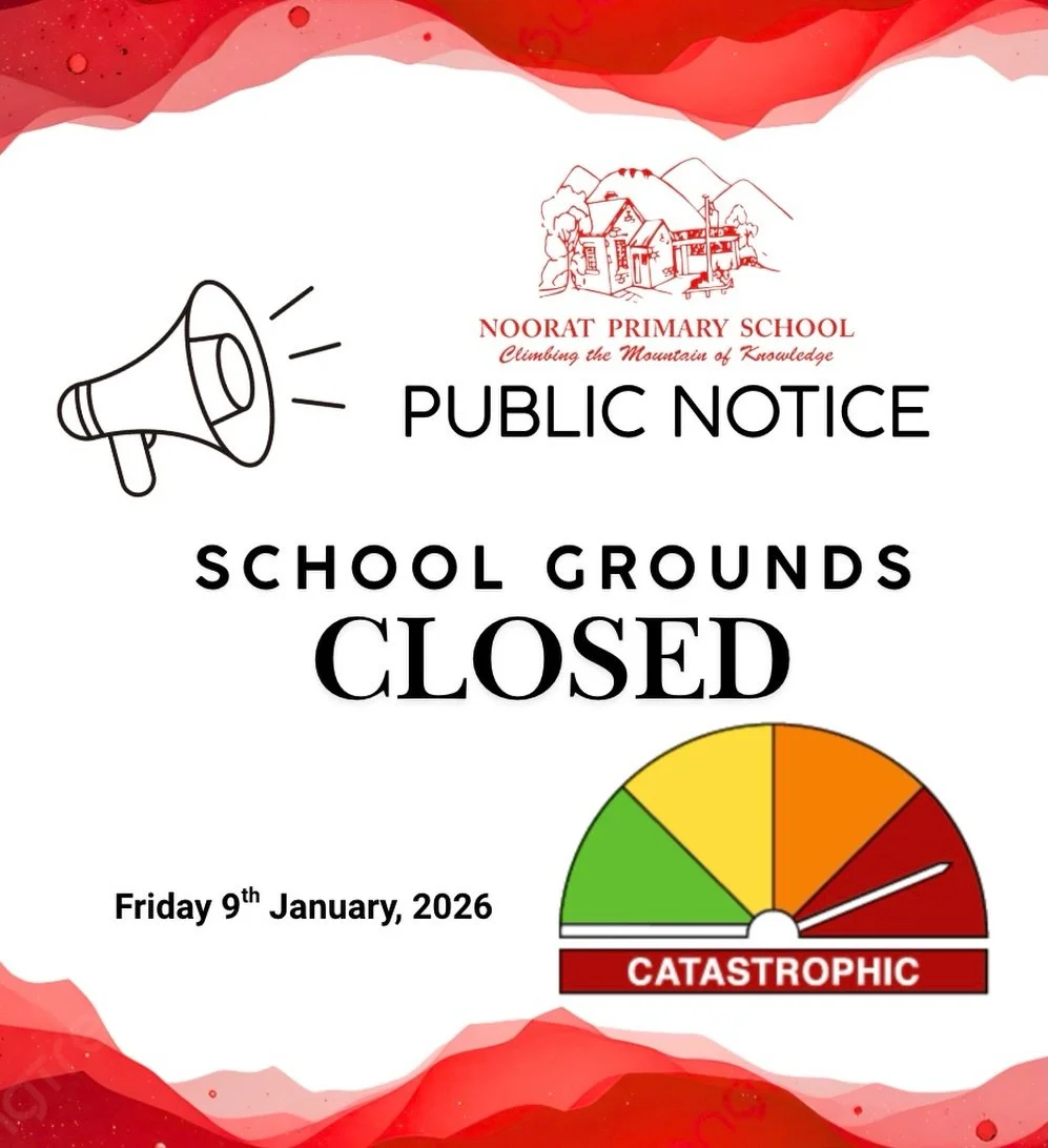 Due to catastrophic fire danger ratings, our school is closed tomorrow, Friday 9th January.

This means the many community members who utilise our expansive grounds outside of school hours, will be unable to do so tomorrow.

Mount Noorat walking trac