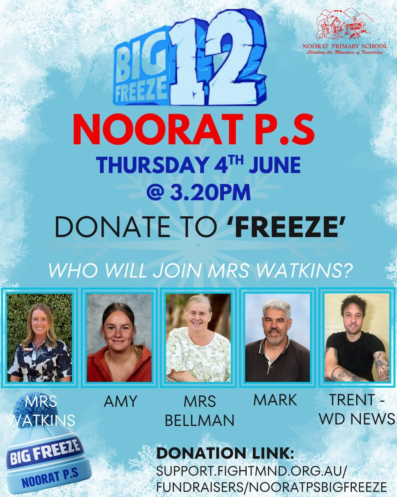 🧊 💦 ℕ𝕠𝕠𝕣𝕒𝕥&rsquo;𝕤 𝔹𝕀𝔾 𝔽𝕣𝕖𝕖𝕫𝕖 💦 🧊 

Join us this Thursday to watch our staff and student School Leaders face the chill of the ice-bucket challenge! 🧊 

A cause close to our hearts, Mrs Watkins and Trent from @westerndistrictnewspa