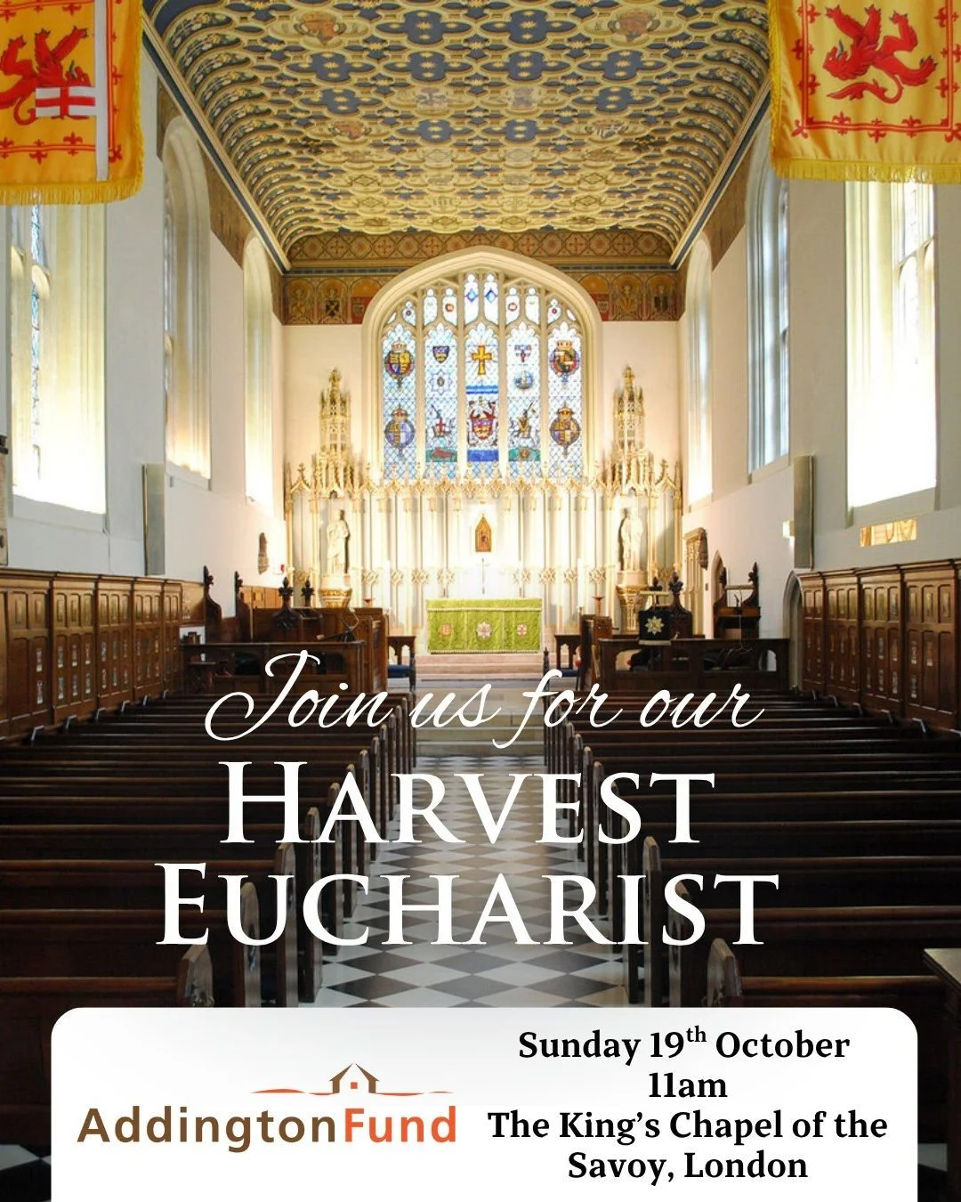 🌾Our annual Addington Fund Harvest Eucharist will take place on Sunday 19th October at 11am, once again at The King's Chapel of the Savoy.

All are welcome to join the service and for refreshments afterwards.

We are grateful to The Very Reverend Ma