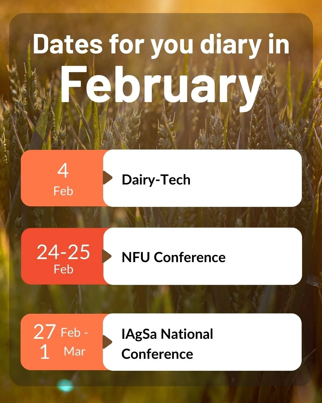 📅 Dates for your diary this month:

🧡4 Feb - Dairy-Tech
🧡24-25 Feb - NFU Conference 
🧡27 Feb-1 Mar - IAgSa National Conference

If you are out and about in February come and say hi to a member of the team and have a chat about the many ways Addin