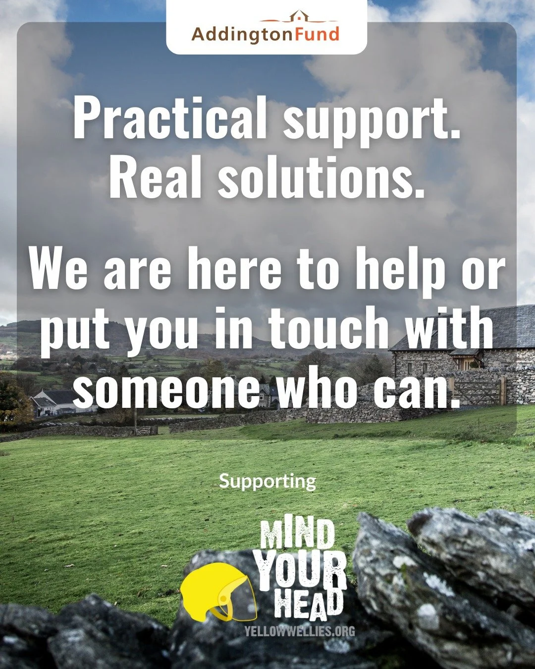 This week we are supporting @yellowwelliesuk #MindYourHead campaign. 💛

We are here to support farmers and rural communities when you need it most. 

By providing housing, and disaster relief in the form of animal feed or services to farmers in need