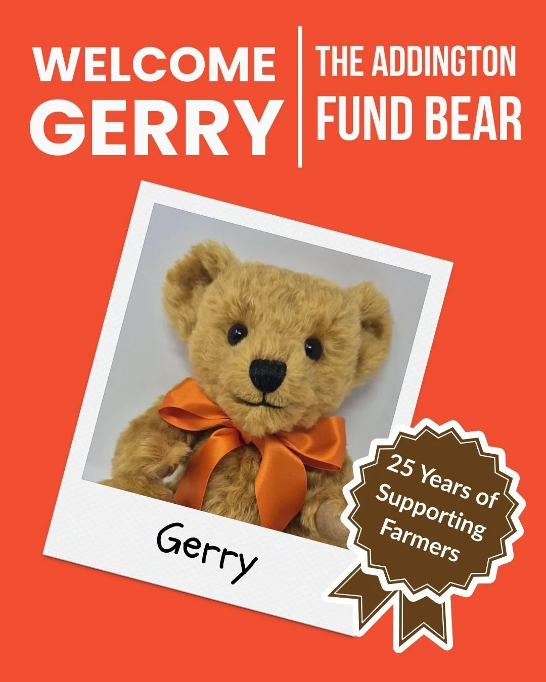 👋Hi, I&rsquo;m Gerry, the Addington Fund Bear 🧸

I'm named after &lsquo;Gerald&rsquo; Richard Addington, who helped start Addington Fund 25 years ago.

You may spot me, or one of my friends when we're out and about. If you do, come and  say hello, 