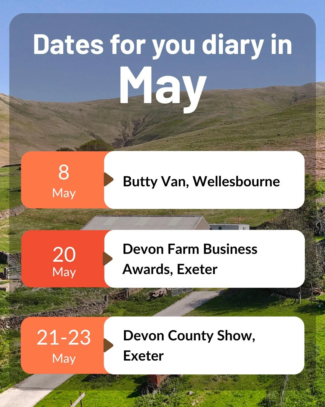📅 Dates for your diary this month:

🧡8th May - Butty Van, Wellesbourne
🧡20th May - Devon Farm Business Awards, Exeter
🧡21st - 23rd May - Devon County Show

If you are out and about in May come and say hi to a member of the Addington Fund team and
