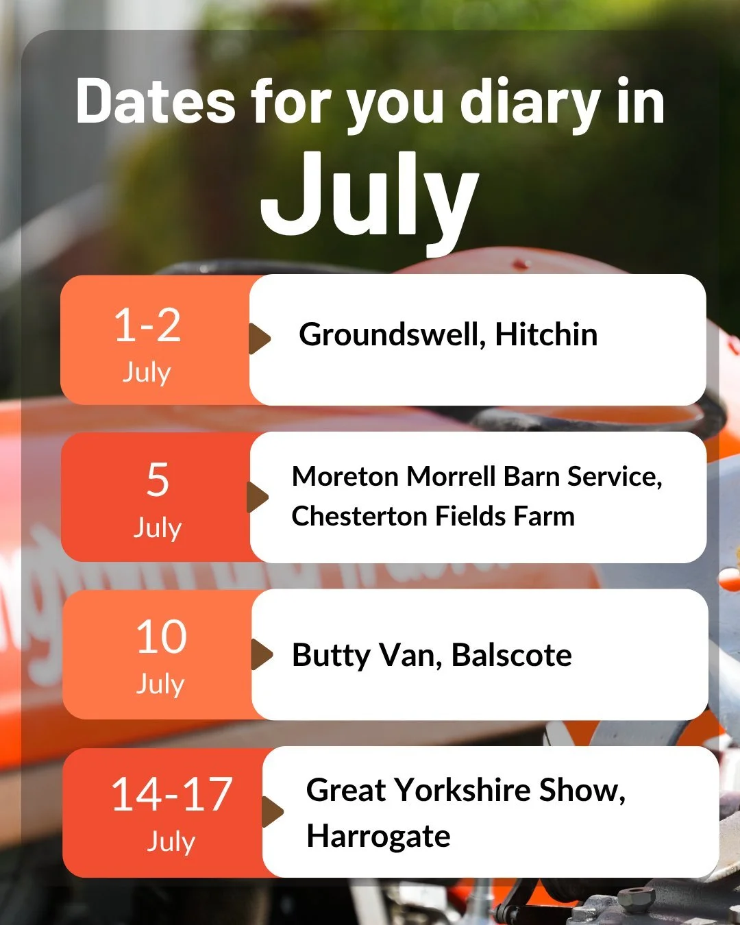 📅 Dates for your diary this month:

🧡1-2 July - Groundswell, Hitchin
🧡5July - Moreton Morrell Barn Service, Chesterton Fields Farm
🧡10 July - Butty Van, Balscote
🧡14-17 July - Great Yorkshire Show, Harrogate

If you are out and about in July com