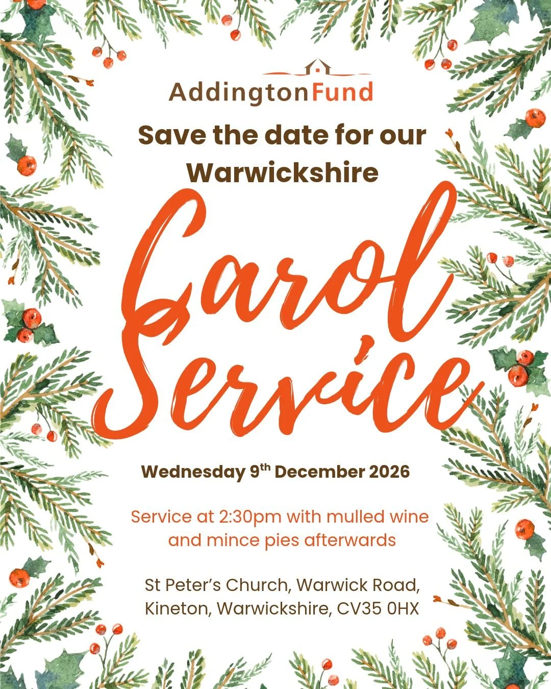 Ding dong merrily on high 🔔

Save the date for our Warwickshire Christmas Carol Service in aid of Addington Fund ⛪🎄

📅Wednesday 9th December 2026
🕒 Service at 2:30pm 
📍St Peter&rsquo;s Church, Kineton
🍷 Mulled wine and mince pies afterwards🥧

