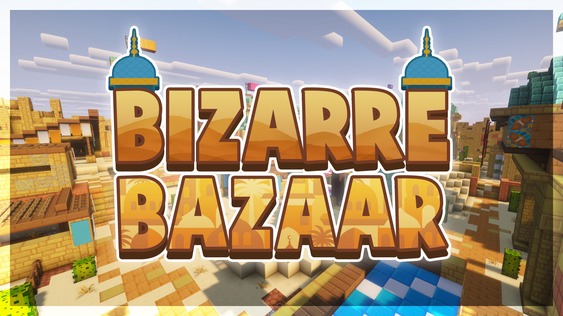 A banner for Bizarre Bazaar, including the game’s logo which features two blue minaret tops above the B and E of ‘Bizarre’. An in-game screenshot shows a colourful desert market.