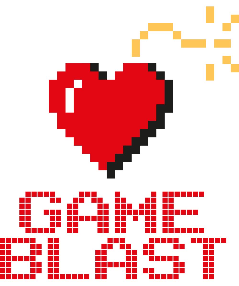 The Game Blast logo. Red pixelated text reads “Game Blast”, below a red pixel-art heart with a pixelated lit bomb fuse coming out of the top.