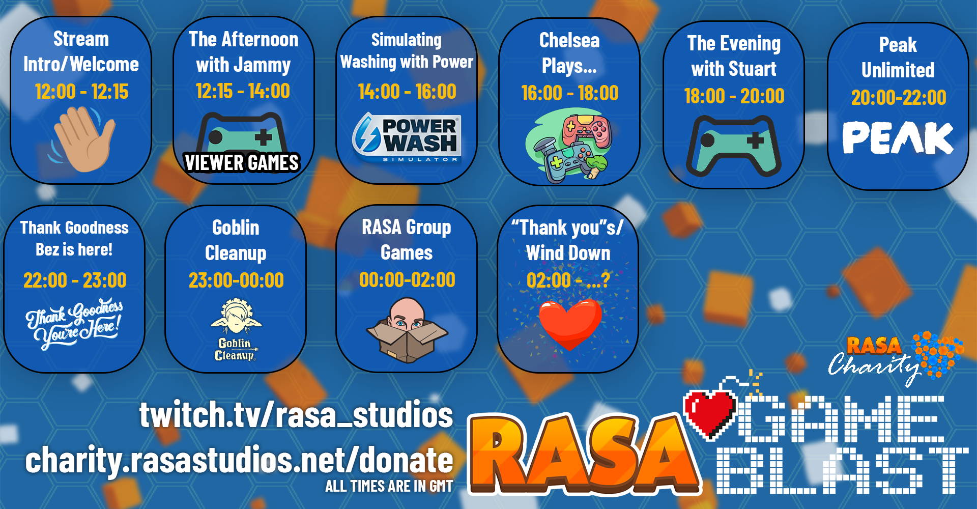 The full schedule for RASA Game Blast. The stream can be watched at https://twitch.tv/rasa_studios and donations can be made at https://charity.rasastudios.net/donate . The RASA Game Blast logo is in the bottom right.