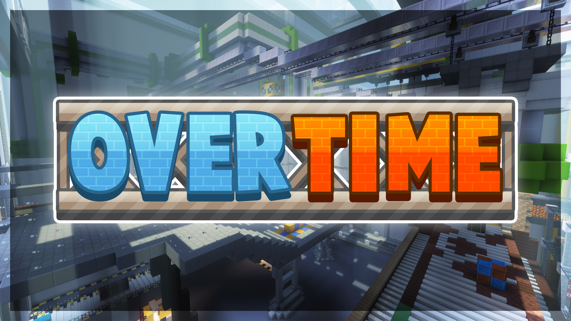 A banner for Overtime, including the game’s logo which features a metallic truss in the background. An in-game screenshot shows a factory, with conveyor belts, pipes and other industrial items.