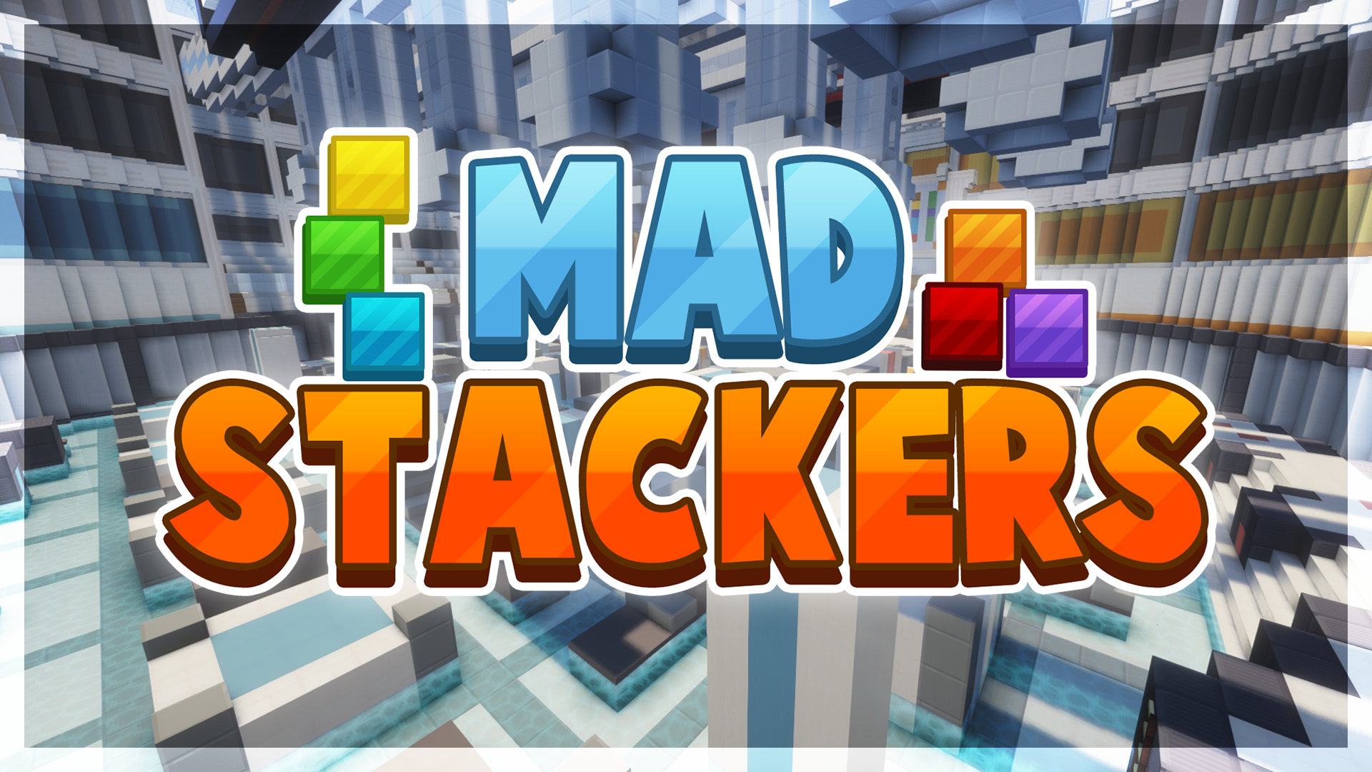 A banner for Mad Stackers, including the game’s logo which features an assortment of colourful blocks. An in-game screenshot shows a large arena with assorted white towers and water along the floor.
