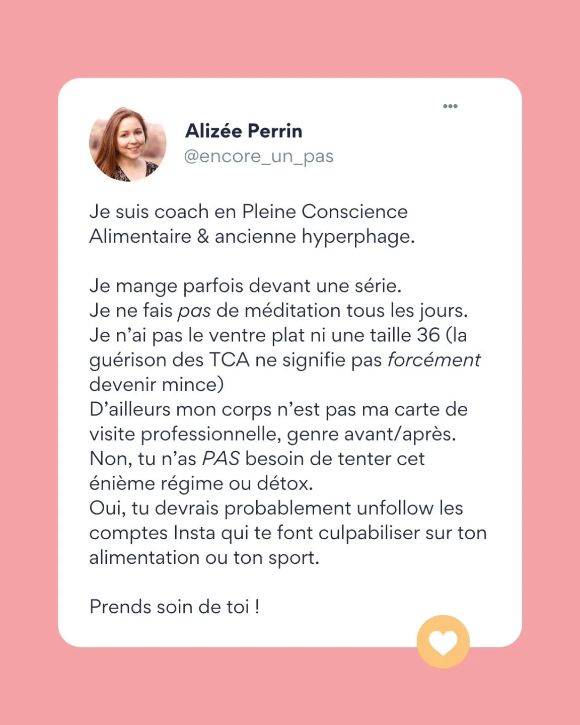 J'esp&egrave;re que &ccedil;a t'aidera &agrave; d&eacute;culpabiliser 🫶

Car y en a un peu marre de ces mises en sc&egrave;ne d'alimentation parfaite, de corps parfaits... La vraie vie c'est pas &ccedil;a.

🌻