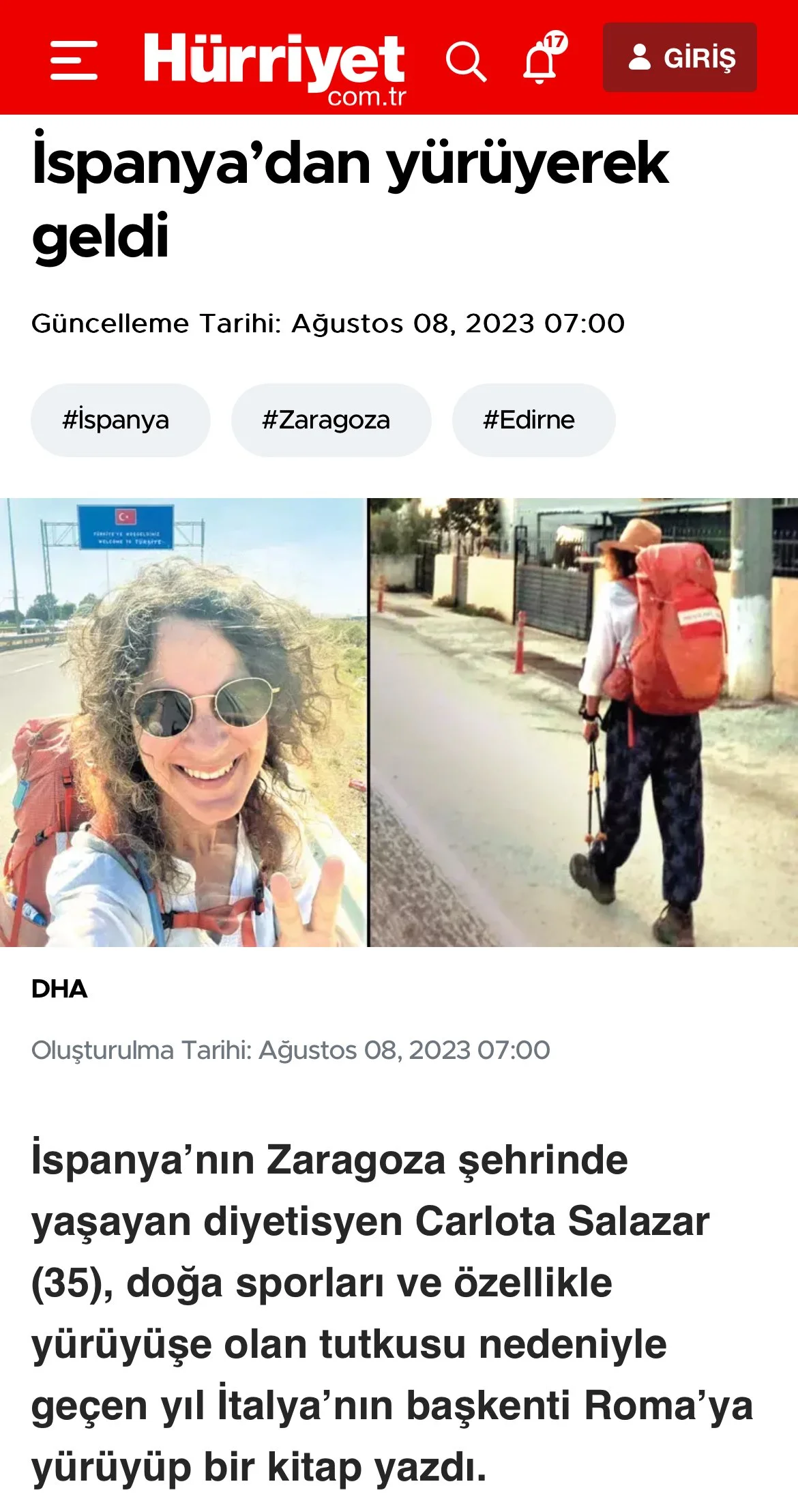 Ispanya'dan yürüyerek geldi-Hürriyet-Carlota Salazar