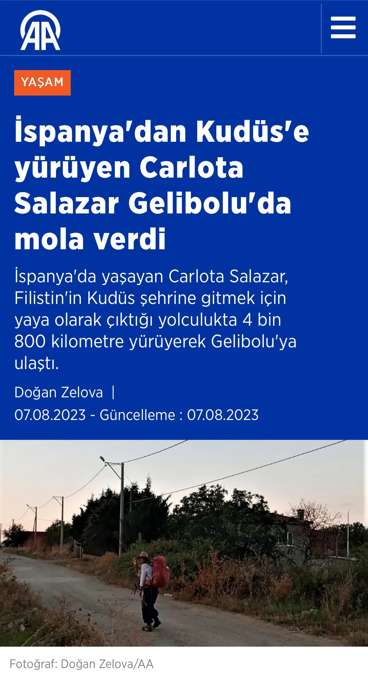 İspanya'dan Kudüs'e yürüyen Carlota Salazar Gelibolu'da mola verdi-AA