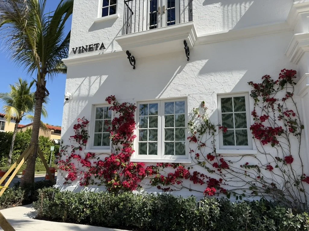 The pretty Vineta Hotel is down the block from the Brazilian Court Hotel near Worth Avenue.  A white building with red bougainvillea climbing up the walls.
