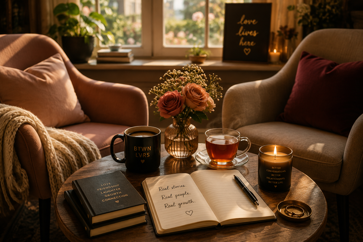 Cozy living room with a wooden table set with two cups of tea, a vase with pink roses and white baby's breath, a lit candle, an open journal, and a black notebook. Two upholstered armchairs with cushions face each other, and a window in the background shows a garden with flowers. There is a sign on the window sill and a framed message on the wall that says 'love lives here'.