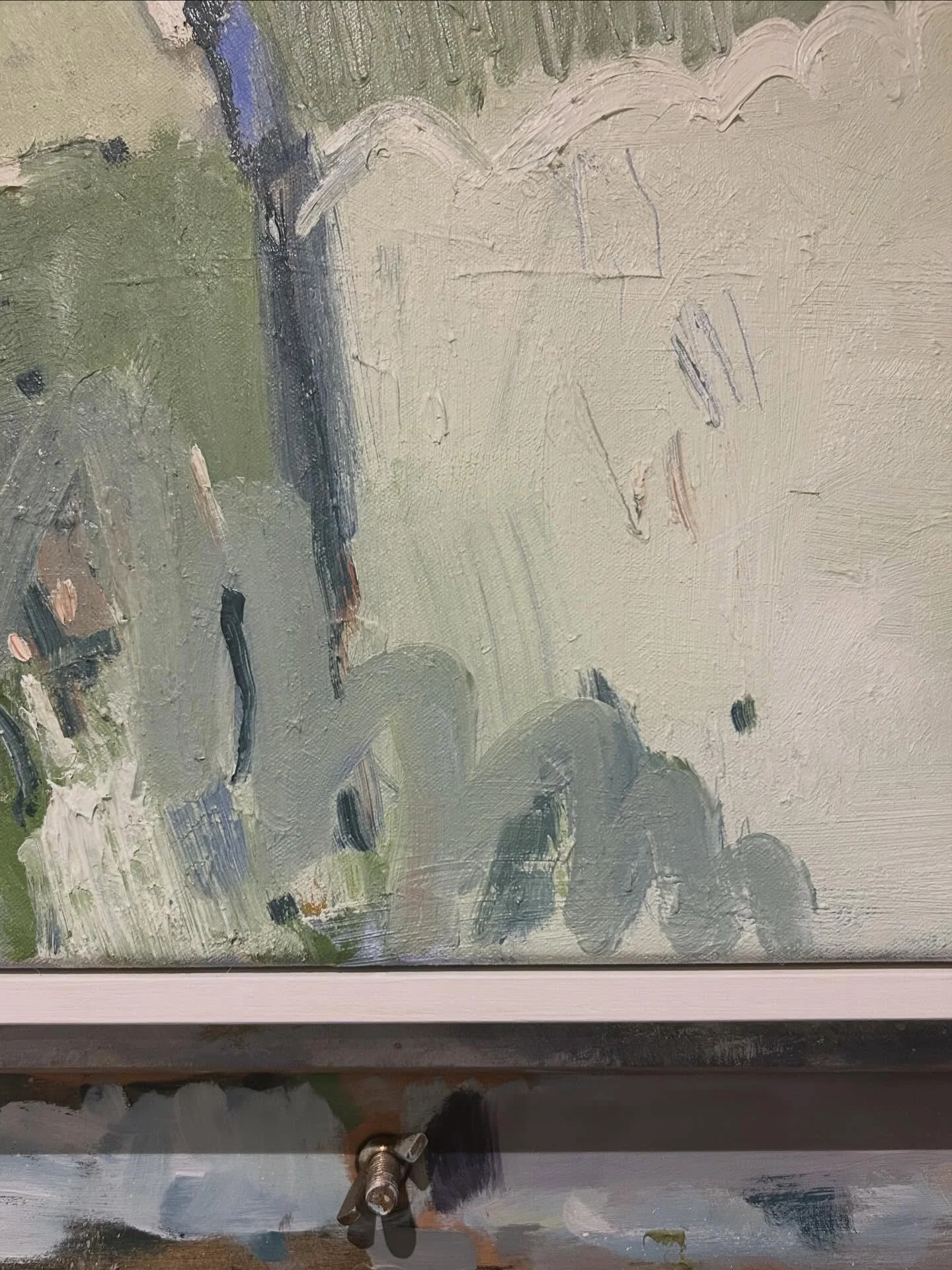 Greens &amp; blues. Detail of a lovely piece currently with @thewhitegallerycotswolds 

Hidden view, terracotta field 
oil on canvas
63.5 x 63.5
Hand framed in a white wooden frame 

Enquire for more details 🤍✨