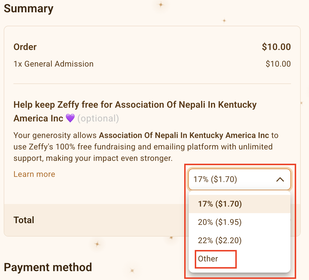 Screenshot of how to change Zeffy donation.