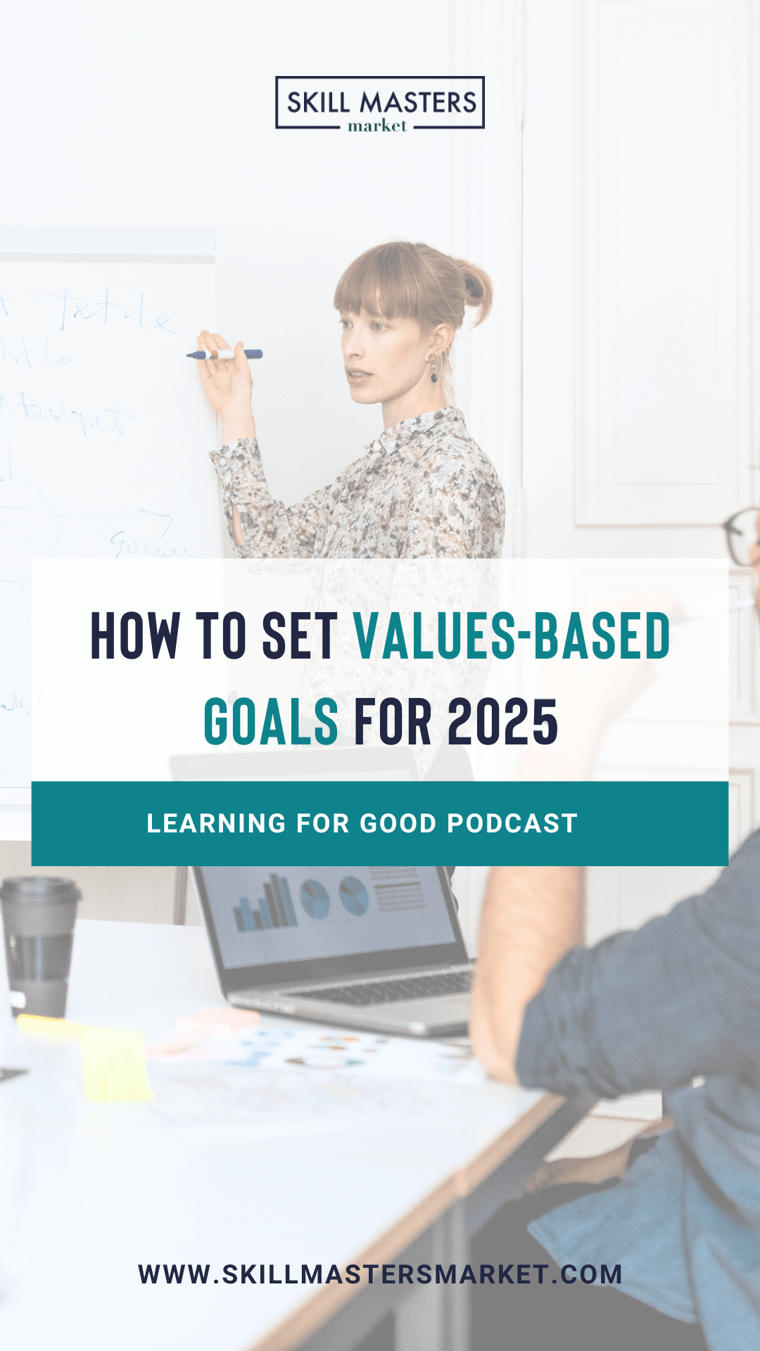 Graphic for episode 113 of Learning for Good with the quote “How to Set Values-Based Goals for 2025. Learning for Good podcast” on a white background. There is an image of a woman demonstrating something on a whiteboard in the background.