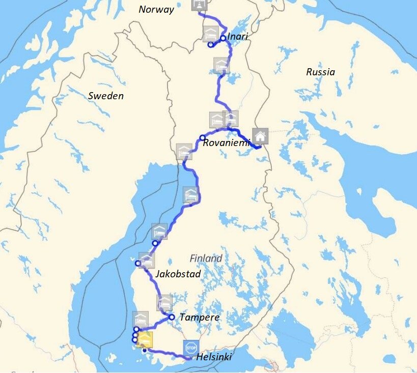 Our Finland route, 11 days driving north to south