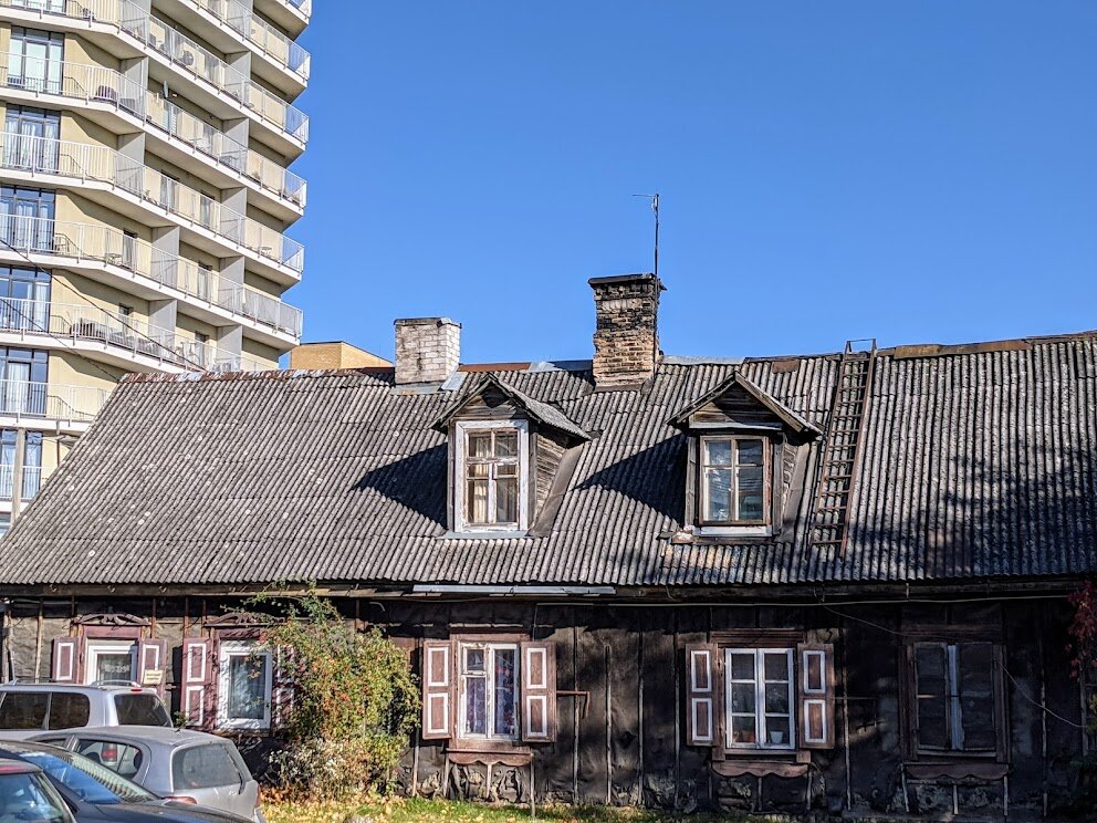 Old wooden house district in Vilnius, Žvėrynas - a diverse historical neighborhood tucked in between skyscrapers