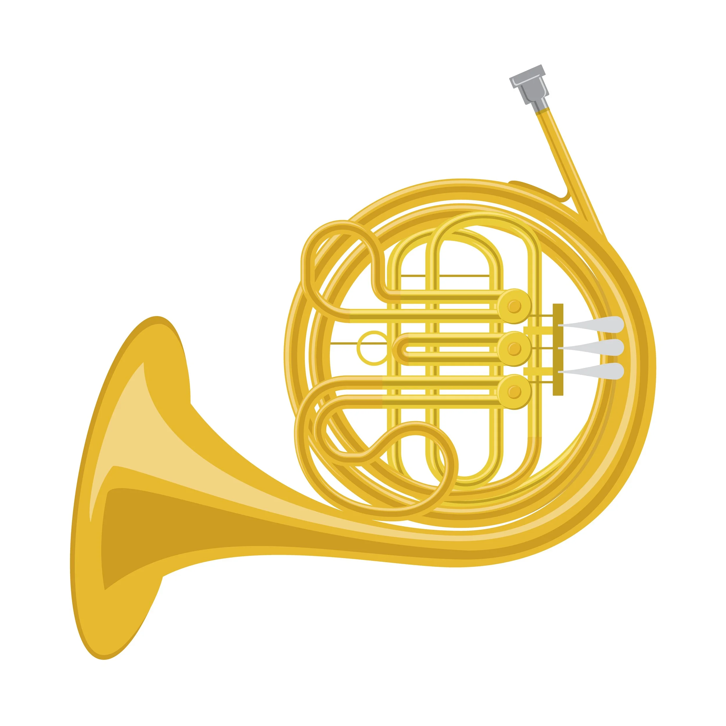 HORN:  The French horn plays in a medium-high range with a warm, bright tone.  Its ability to produce a strong, full sound makes it ideal for portraying bold action, struggle and triumph. // CORNO FRANCÉS: El corno francés toca en un registro medio-a